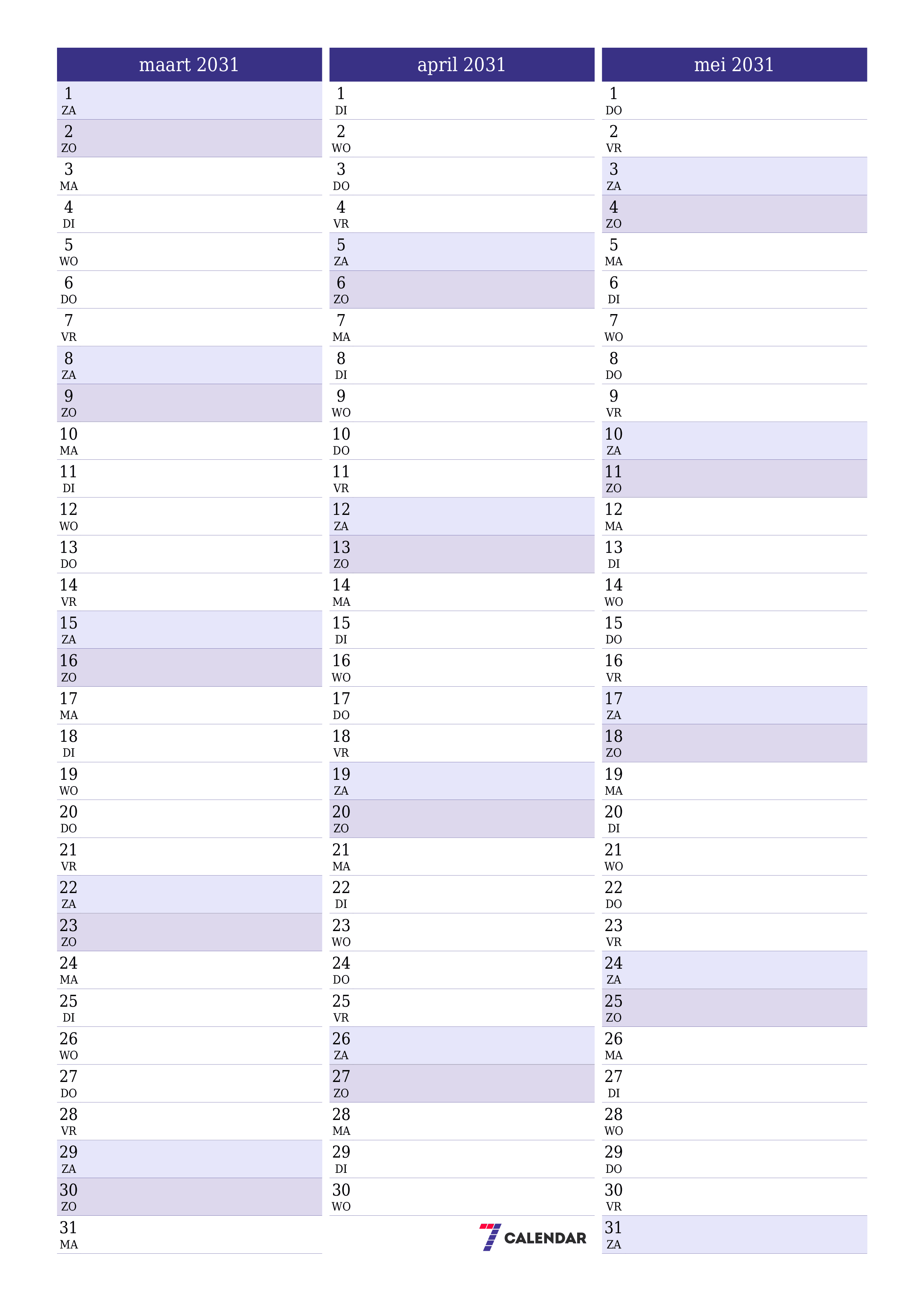 afdrukbare muur sjabloon gratis verticaal Maandelijks planner kalender maart (mrt) 2031