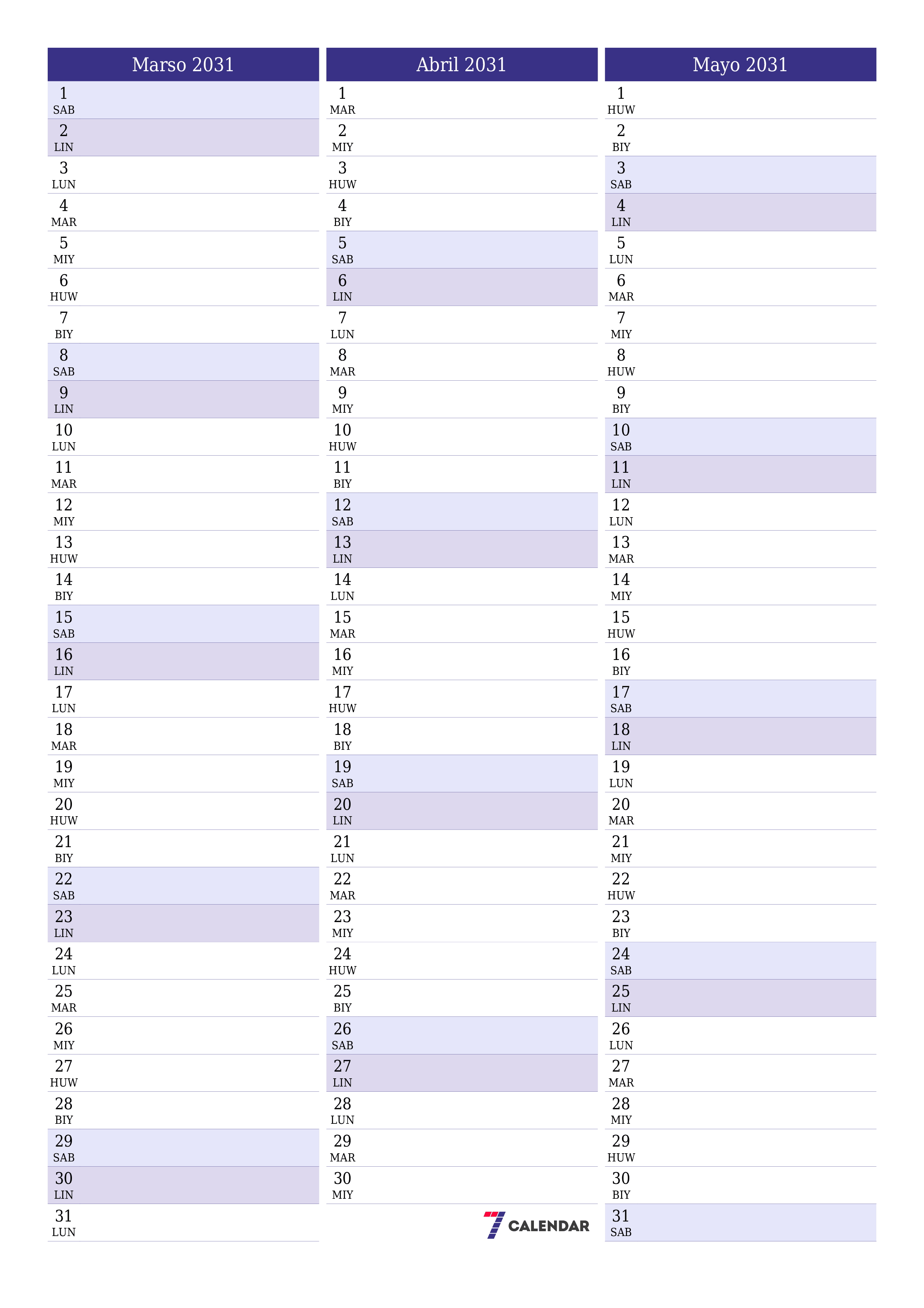 napi-print na sa dingding template ng libreng patayo Buwanang tagaplano kalendaryo Marso (Mar) 2031