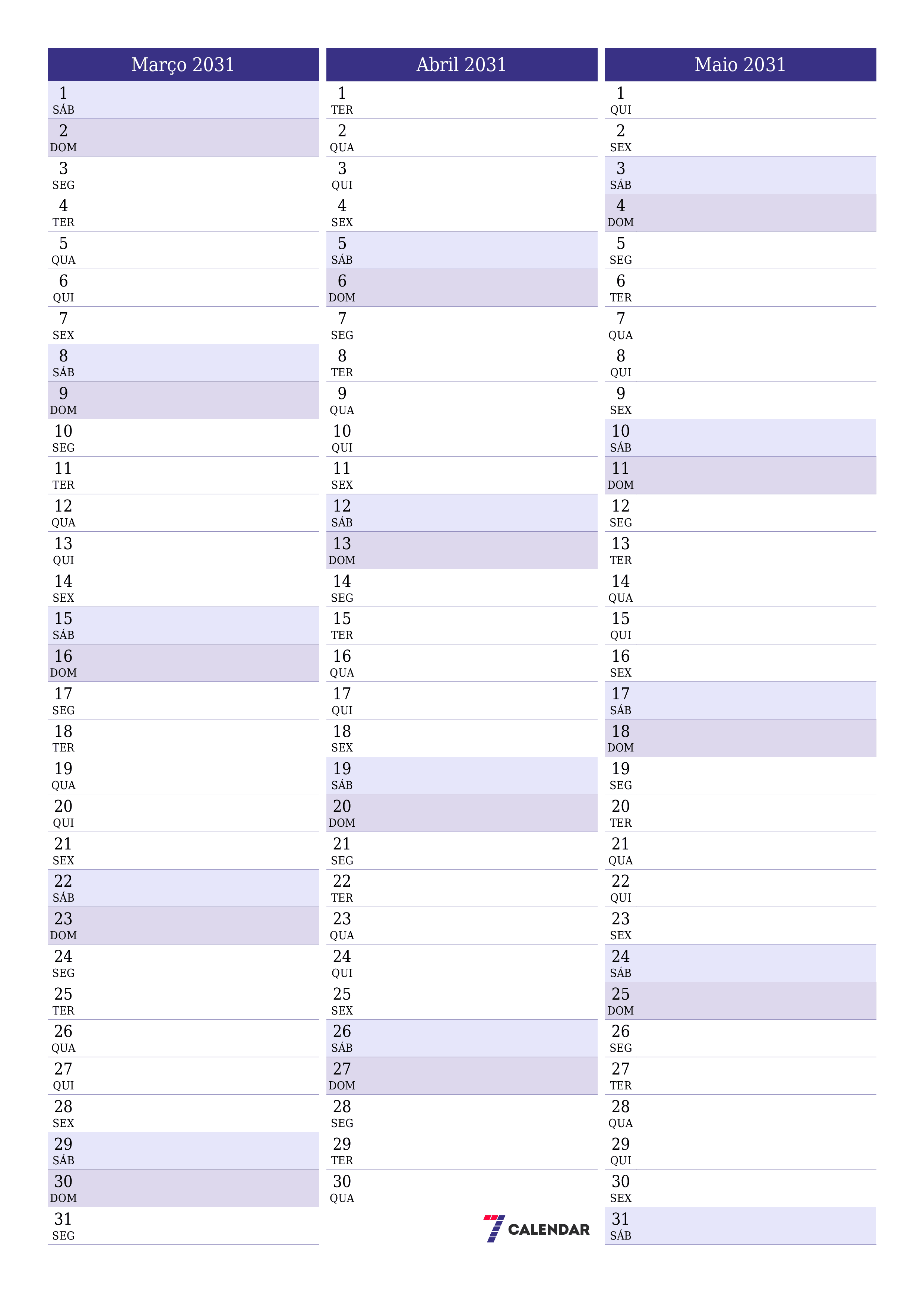  para impressão de parede modelo de grátisvertical Mensal planejador calendário Março (Mar) 2031