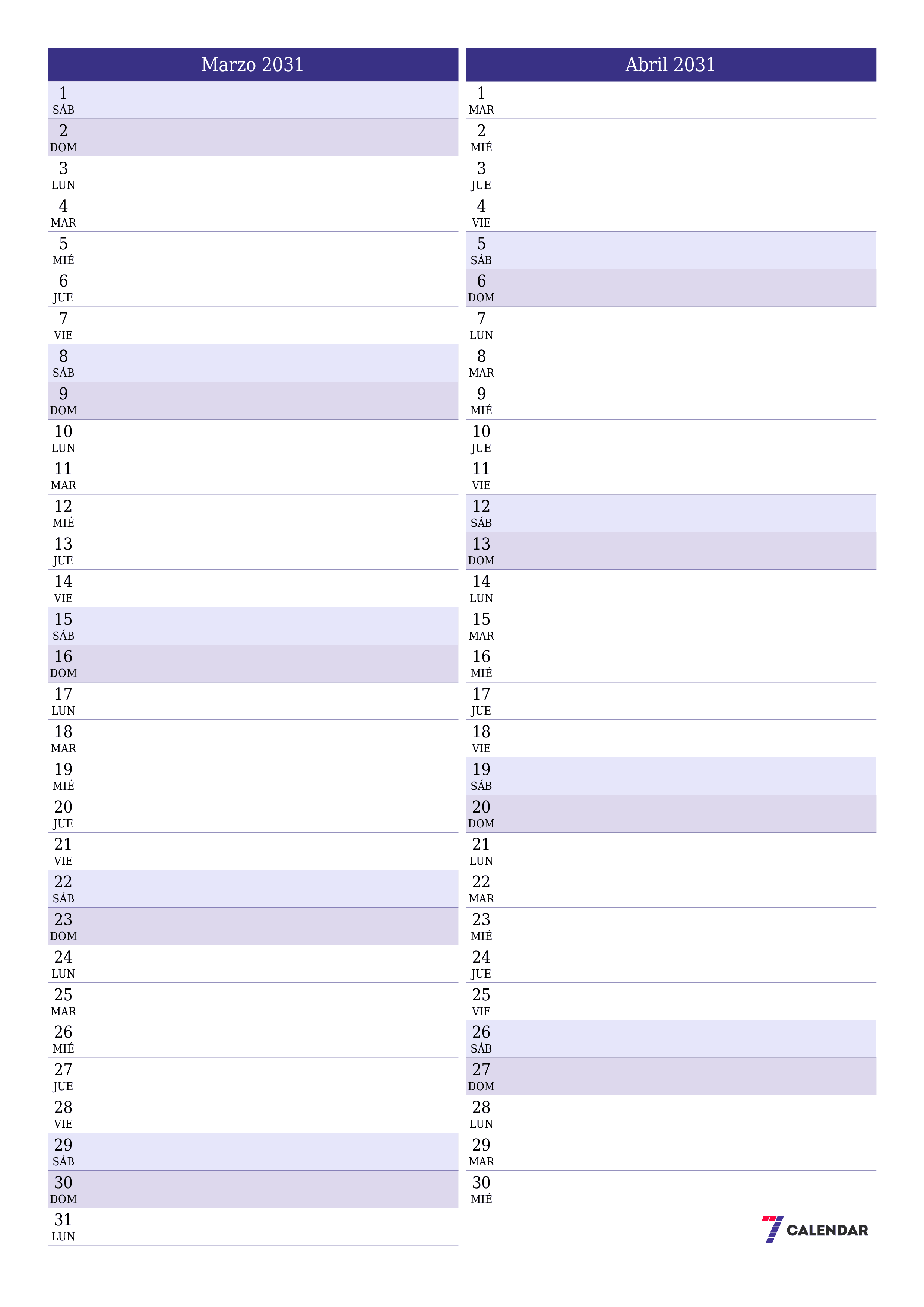  imprimible de pared plantilla de gratisvertical Mensual planificador calendario Marzo (Mar) 2031