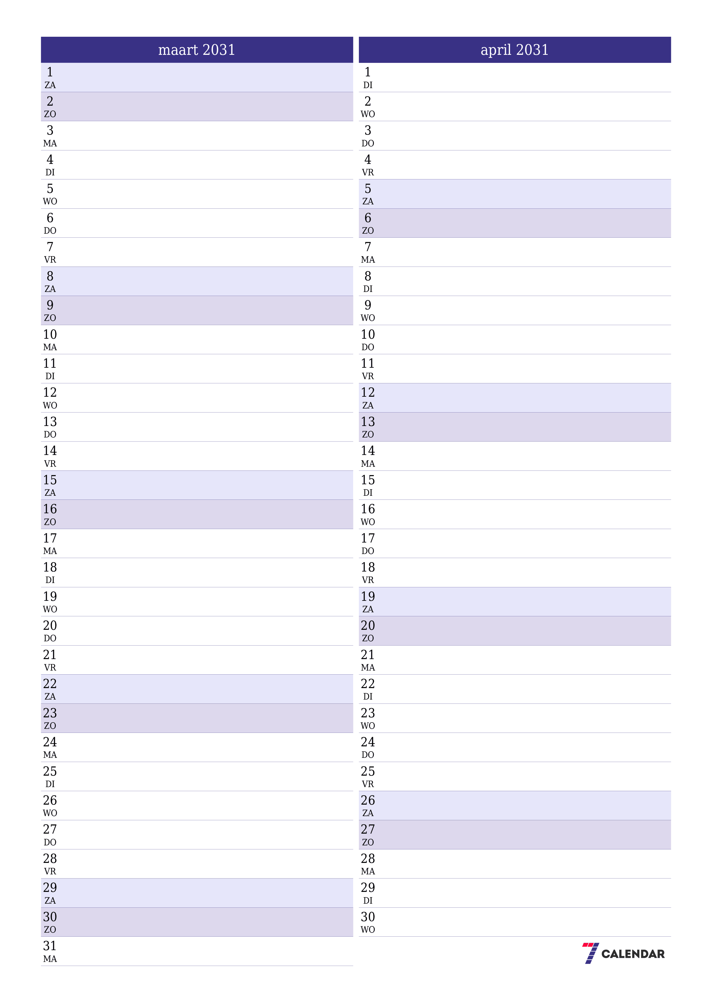 afdrukbare muur sjabloon gratis verticaal Maandelijks planner kalender maart (mrt) 2031
