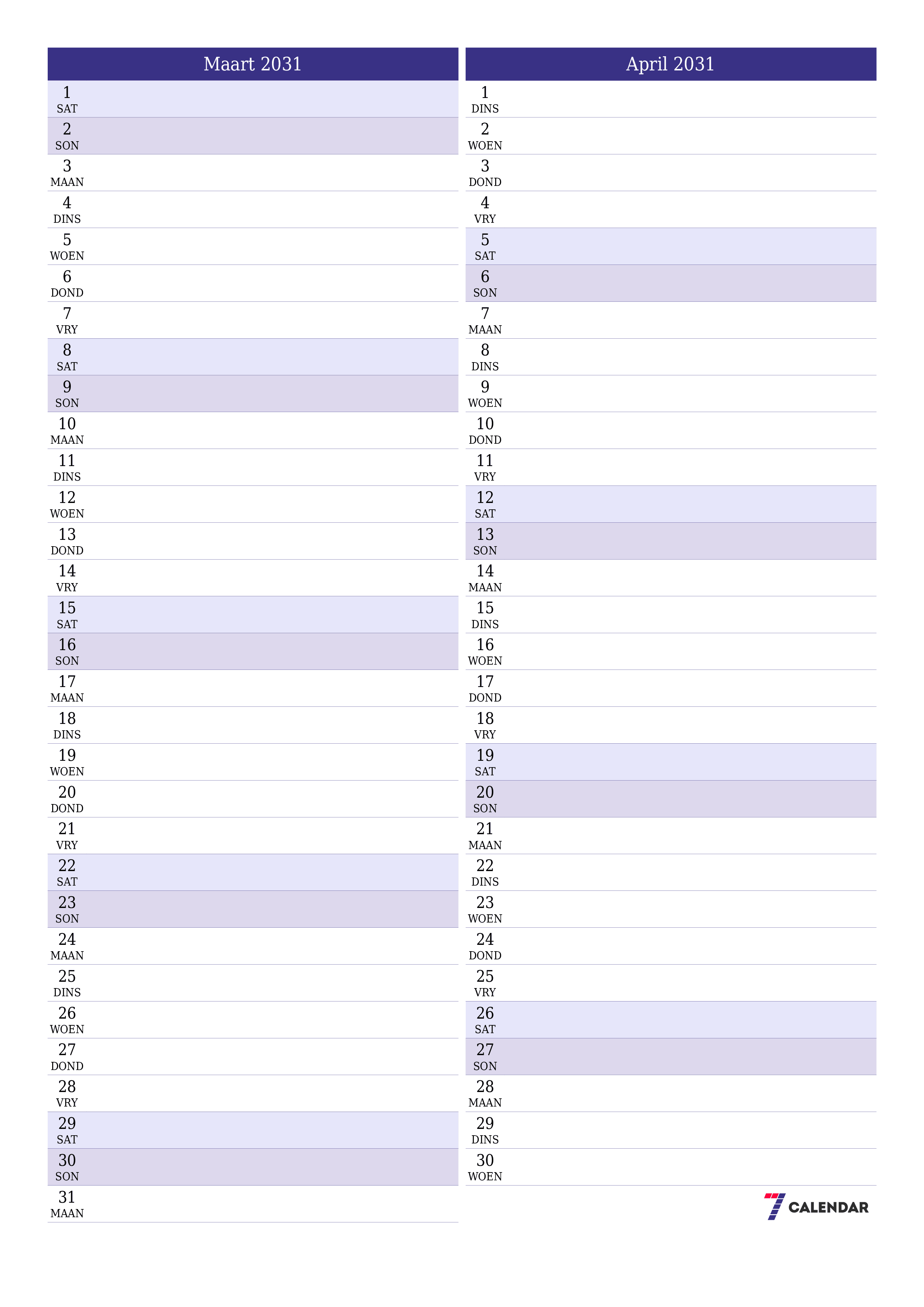 drukbare muur template gratis vertikaal Maandeliks beplanner kalender Maart (Mar) 2031