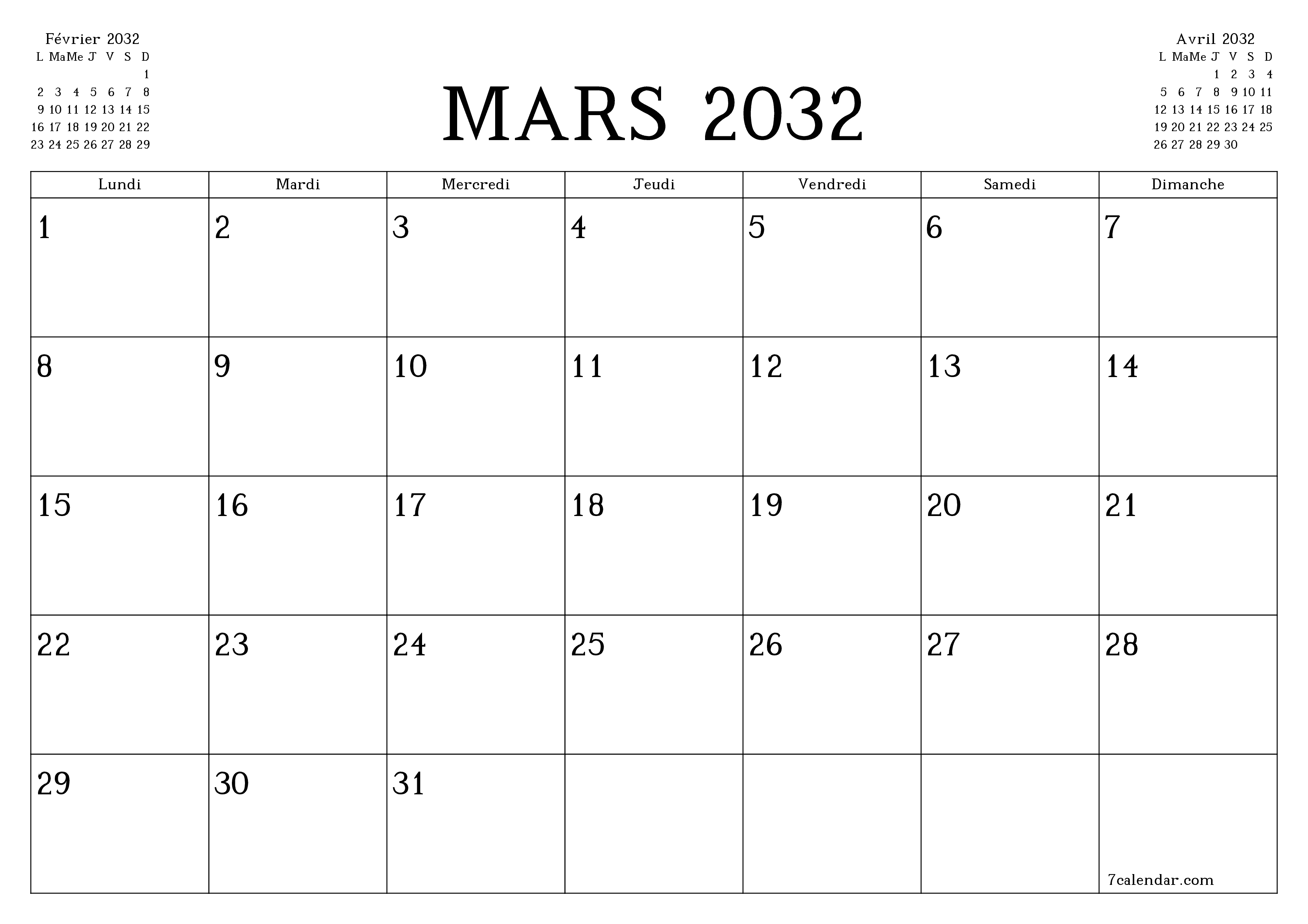 Agenda mensuel vide pour le mois Mars 2032 avec notes, enregistrez et imprimez au format PDF PNG French