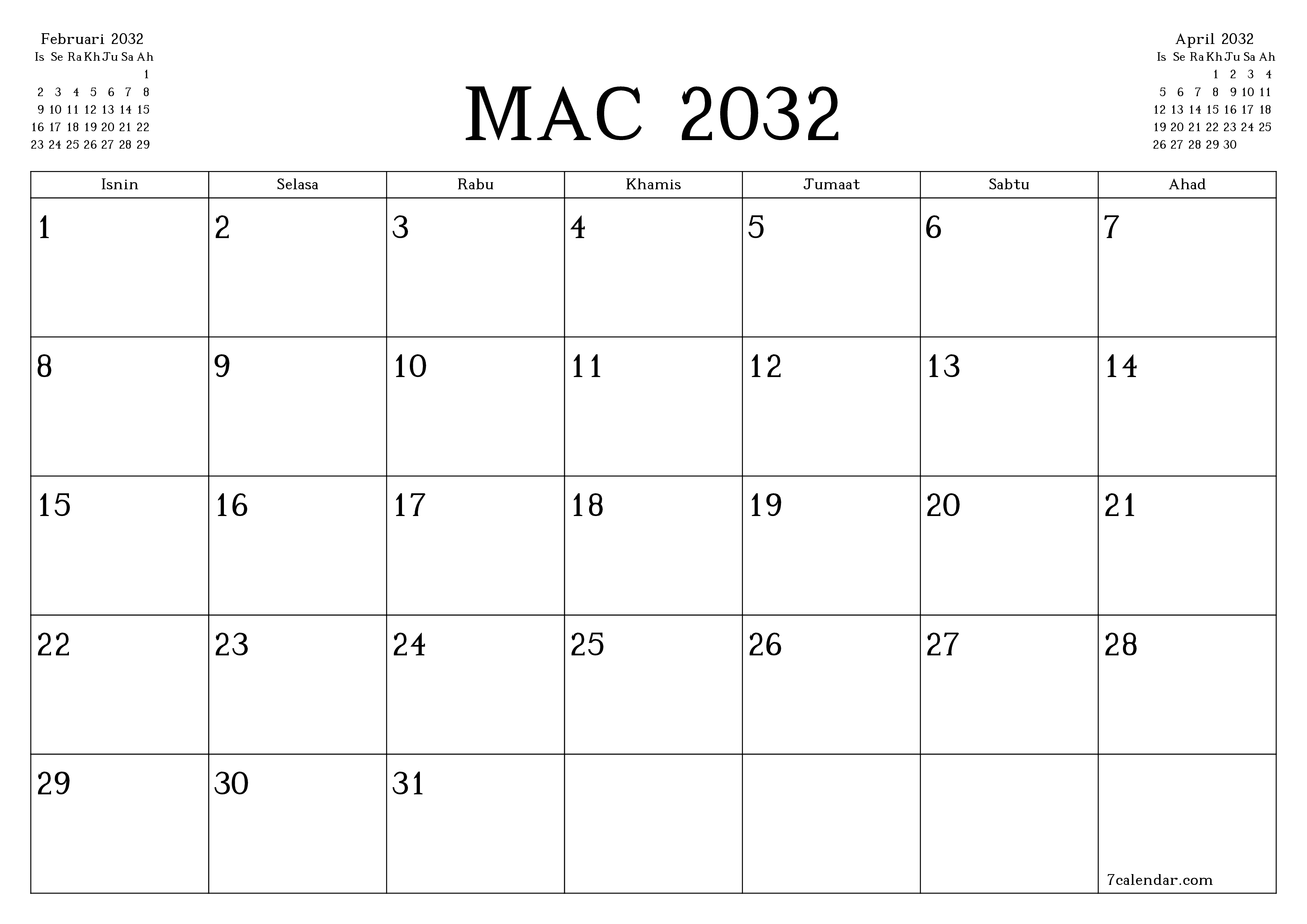 Perancang bulanan kosong untuk bulan Mac 2032 dengan nota, simpan dan cetak ke PDF PNG Malay