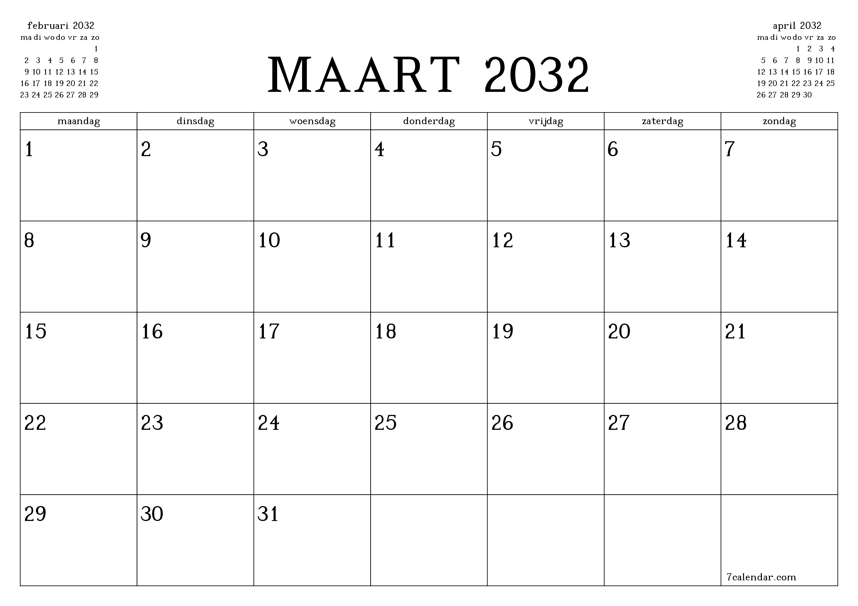Lege maandplanner voor maand maart 2032 met notities, opslaan en afdrukken naar pdf PNG Dutch