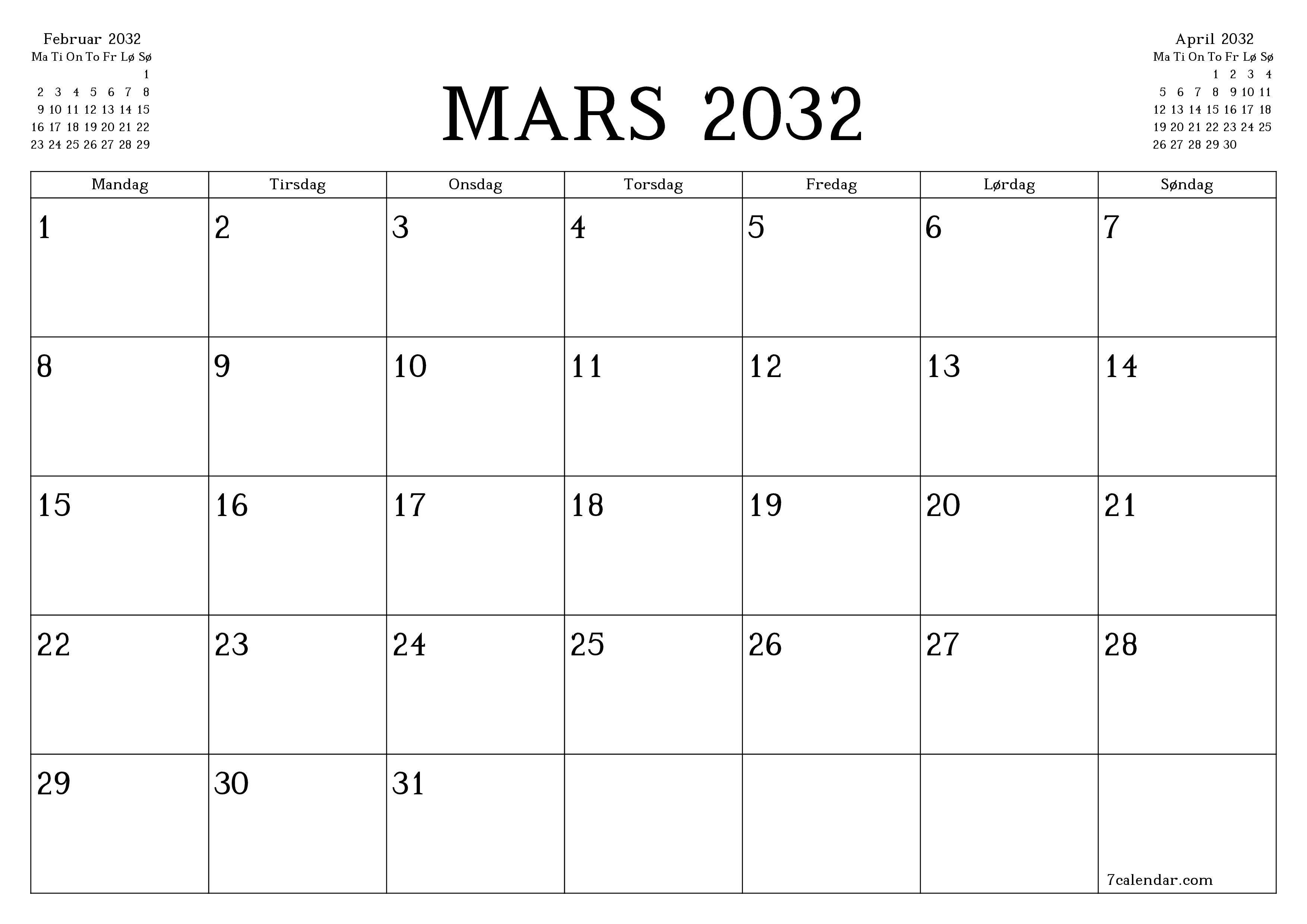 Tom månedlig planlegger for måned Mars 2032 med notater, lagre og skriv ut til PDF PNG Norwegian