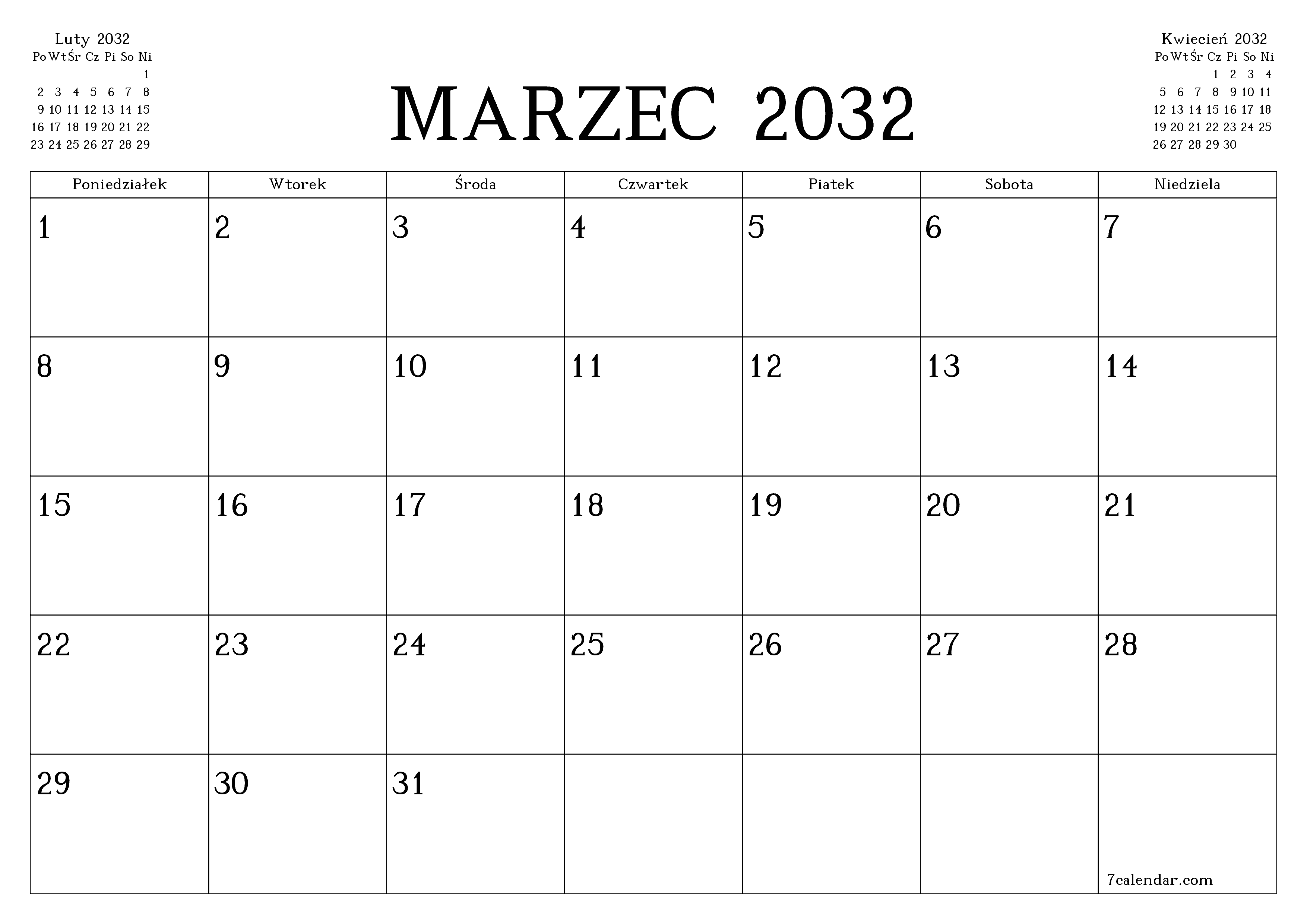 Opróżnij miesięczny planer na miesiąc Marzec 2032 z notatkami, zapisz i wydrukuj w formacie PDF PNG Polish