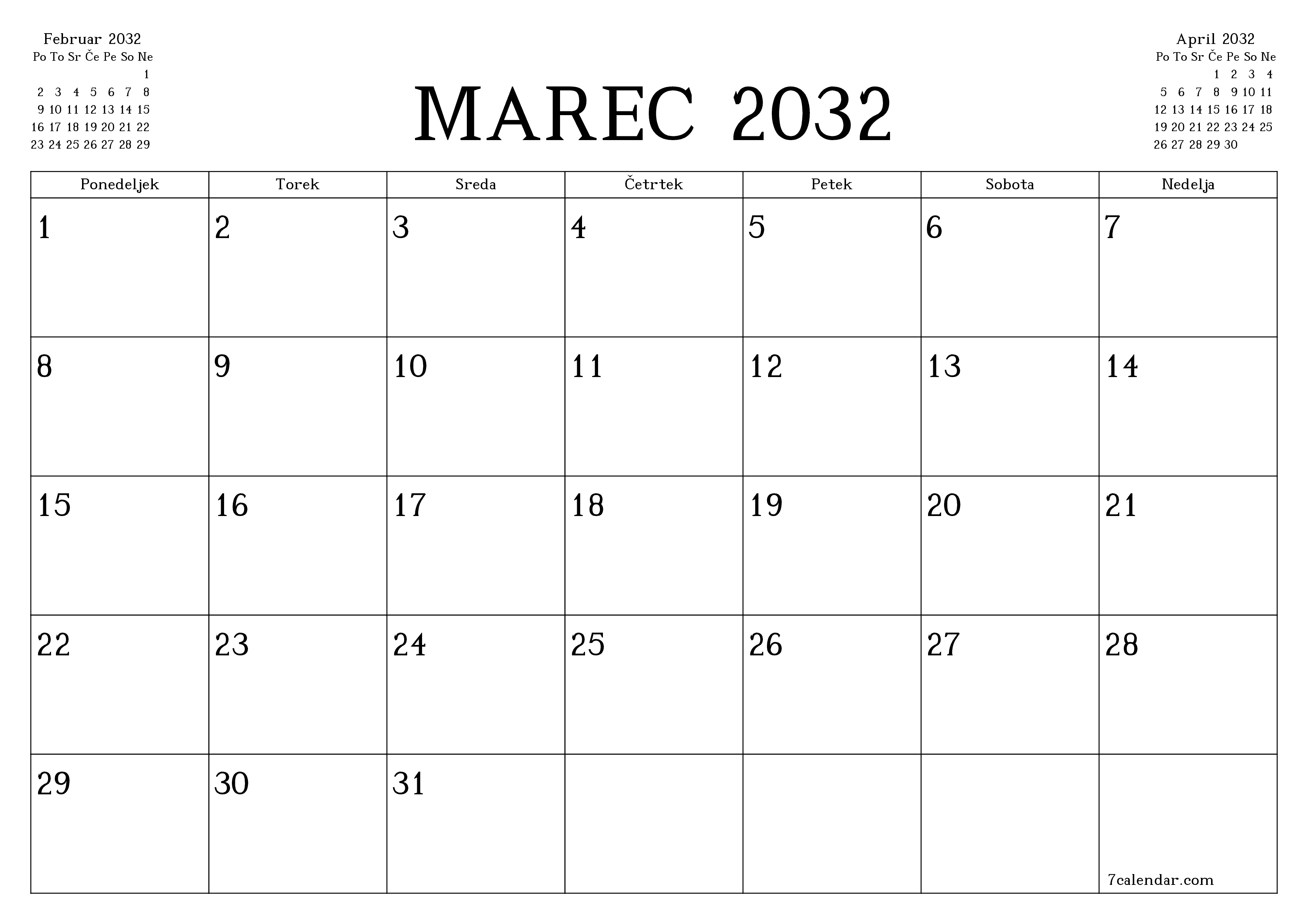 Prazen mesečni načrtovalec koledarja za mesec Marec 2032 z opombami, natisnjenimi v PDF PNG Slovenian