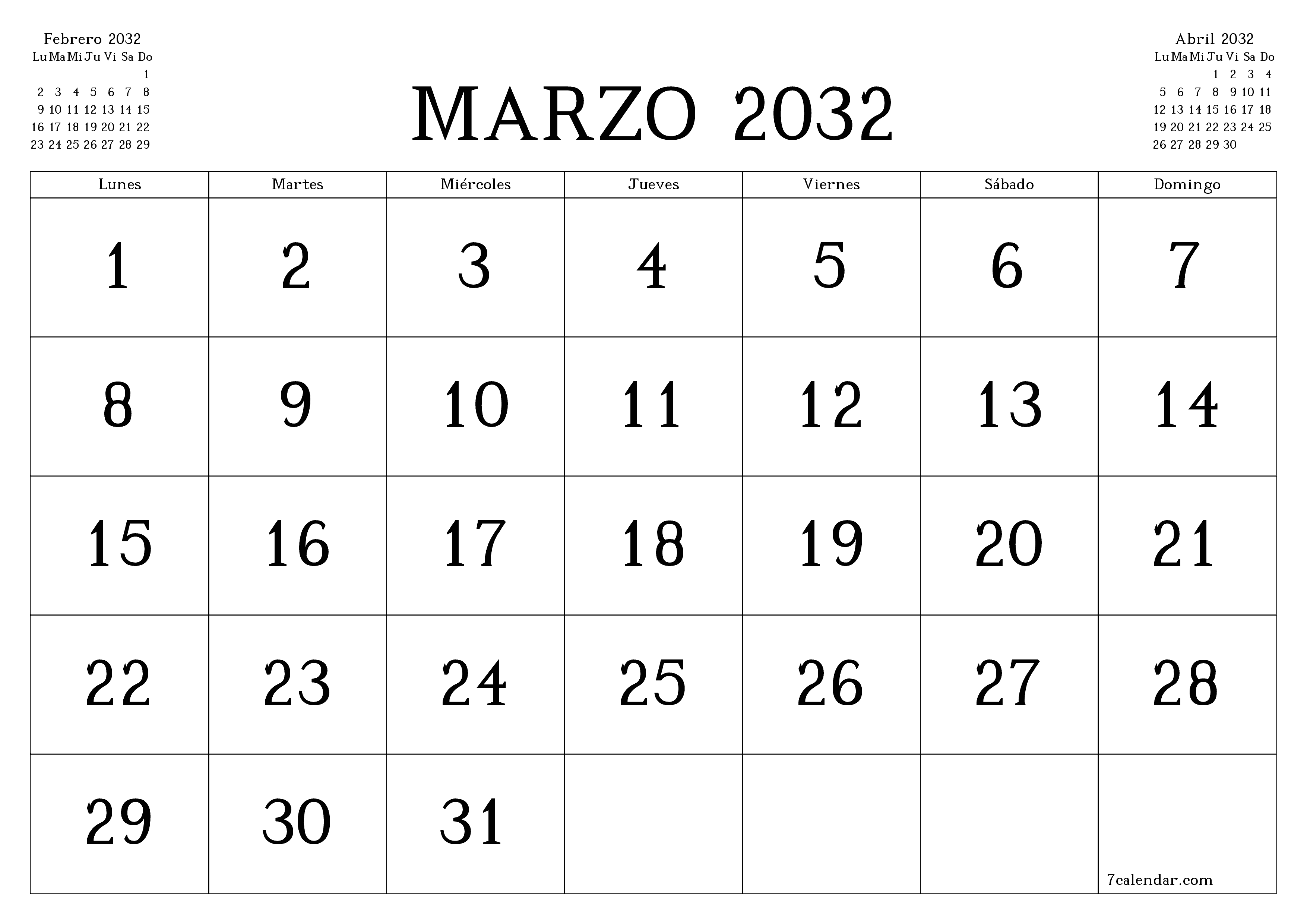 Planificador mensual vacío para el mes Marzo 2032 con notas, guardar e imprimir en PDF PNG Spanish