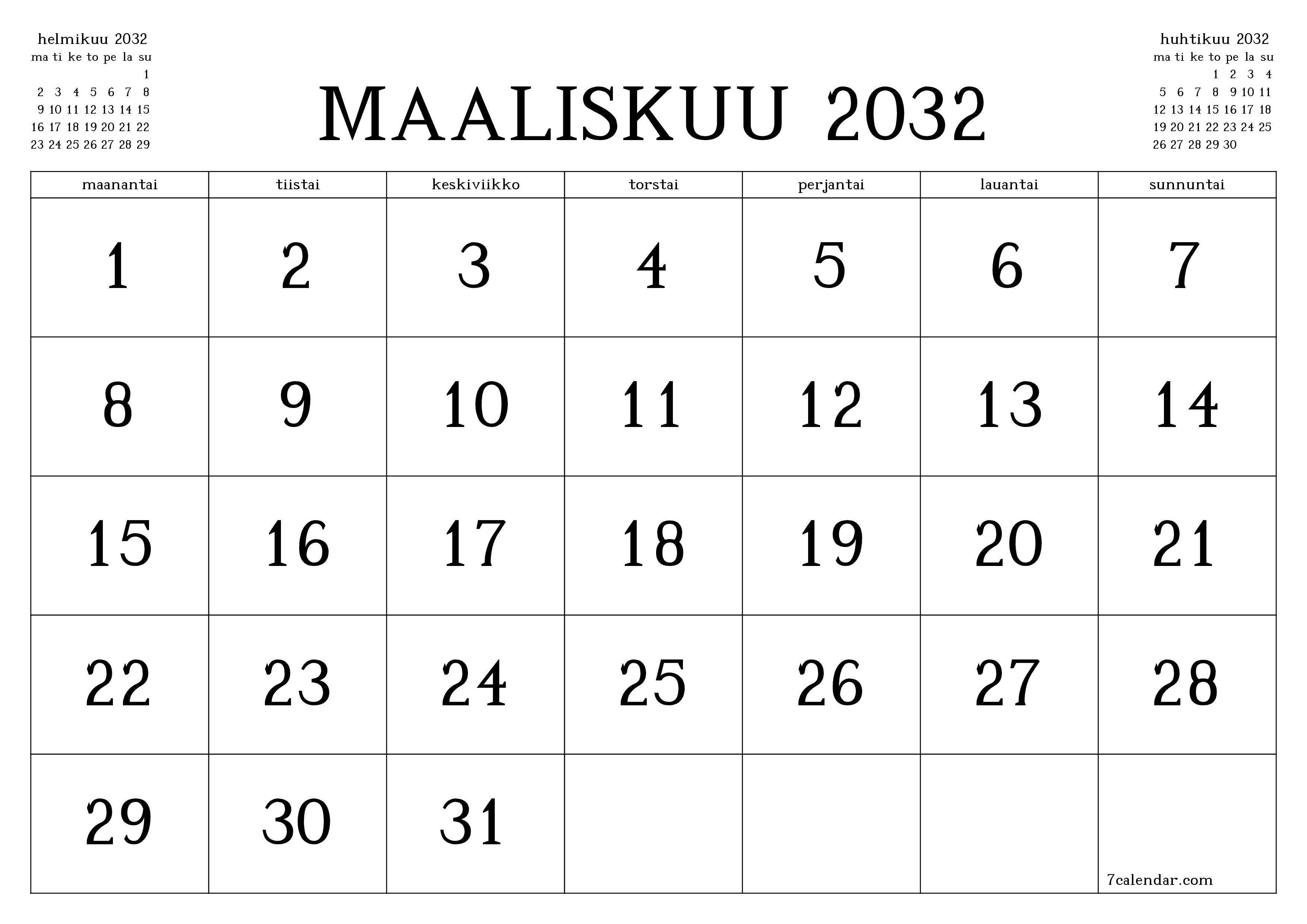 Tyhjennä kuukausittainen suunnittelija kuukaudelle Maaliskuu 2032 muistiinpanoilla, tallenna ja tulosta PDF-muotoon PNG Finnish