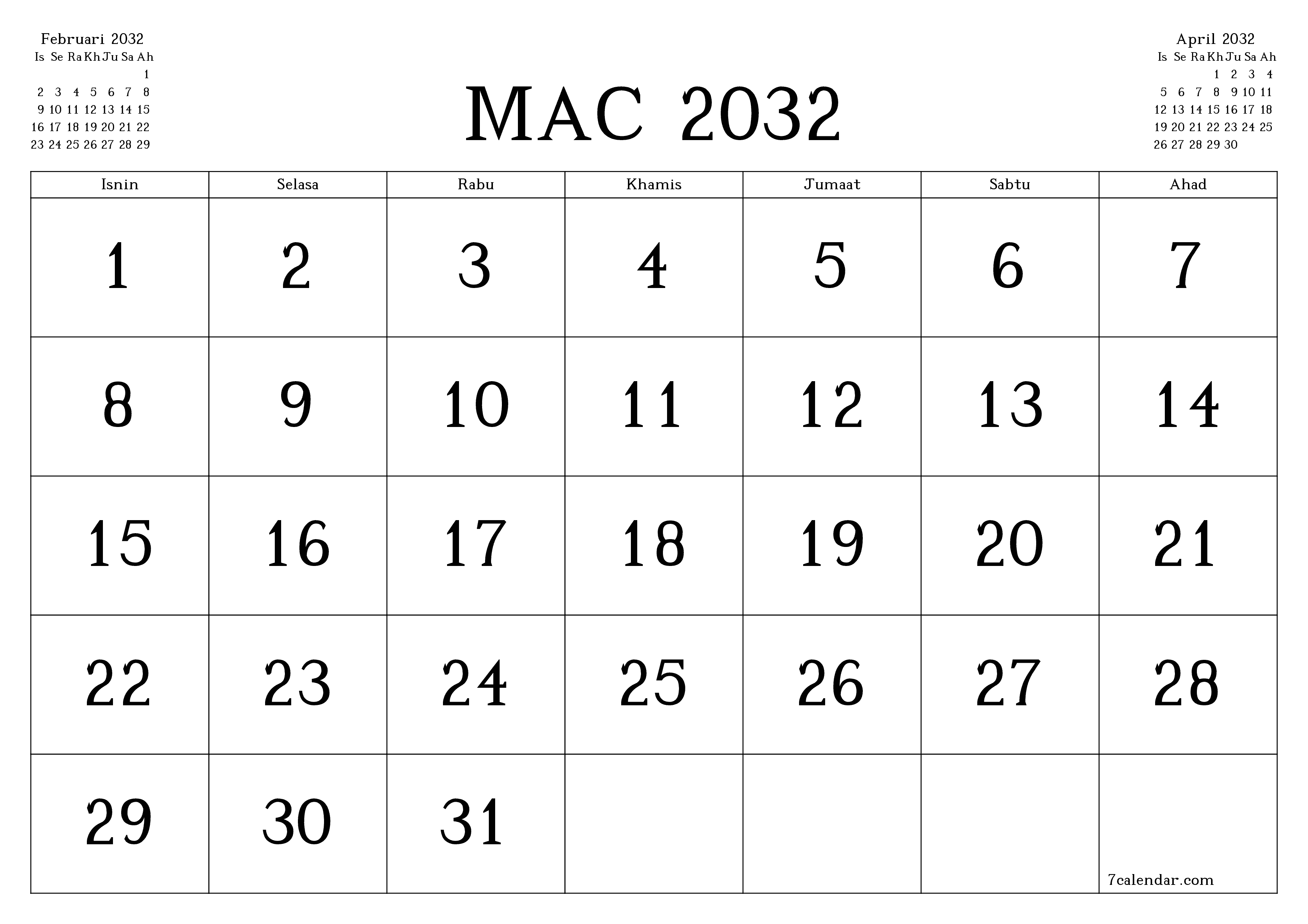 Perancang bulanan kosong untuk bulan Mac 2032 dengan nota, simpan dan cetak ke PDF PNG Malay