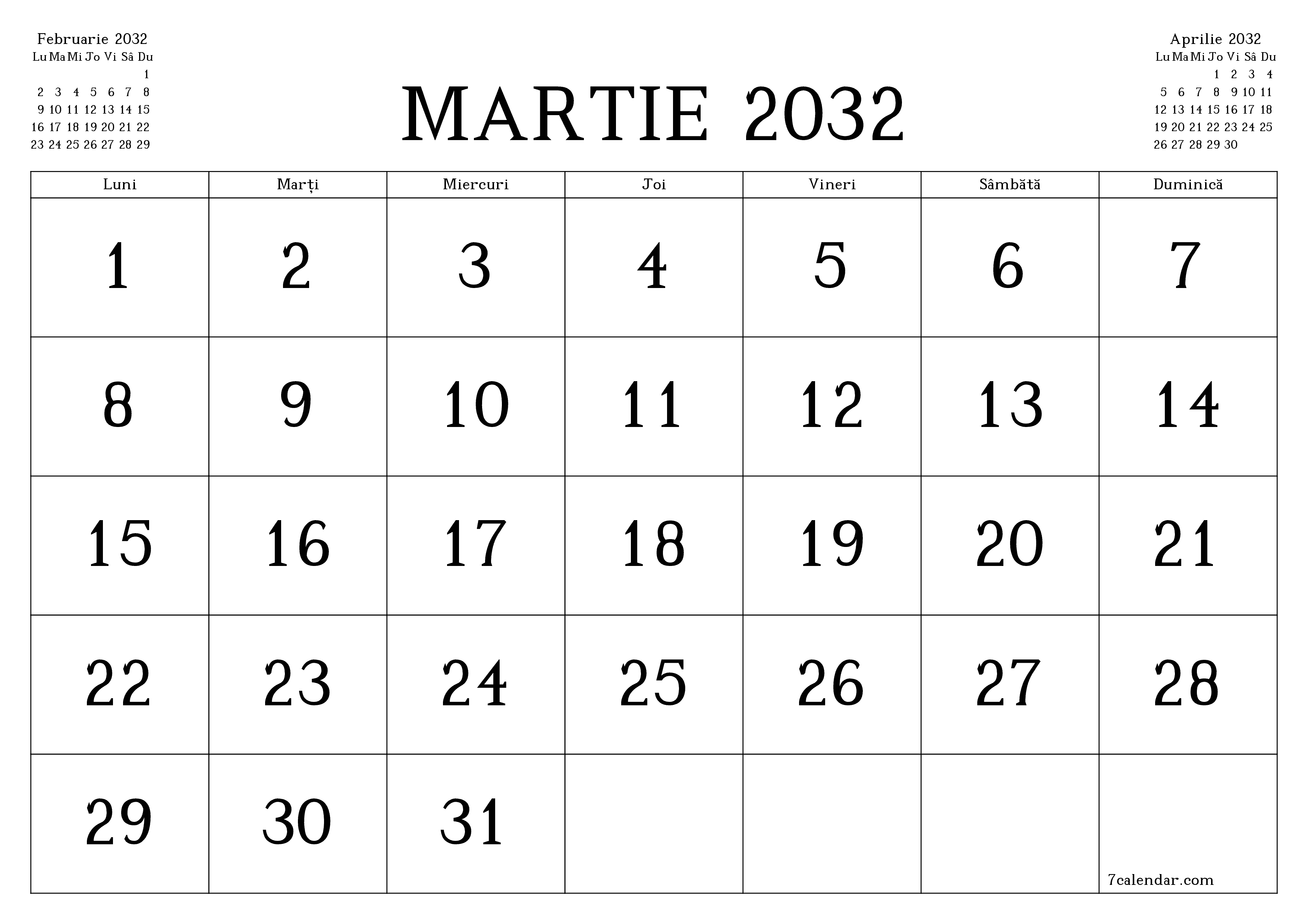 Planificator lunar gol pentru luna Martie 2032 cu note, salvați și tipăriți în PDF PNG Romanian