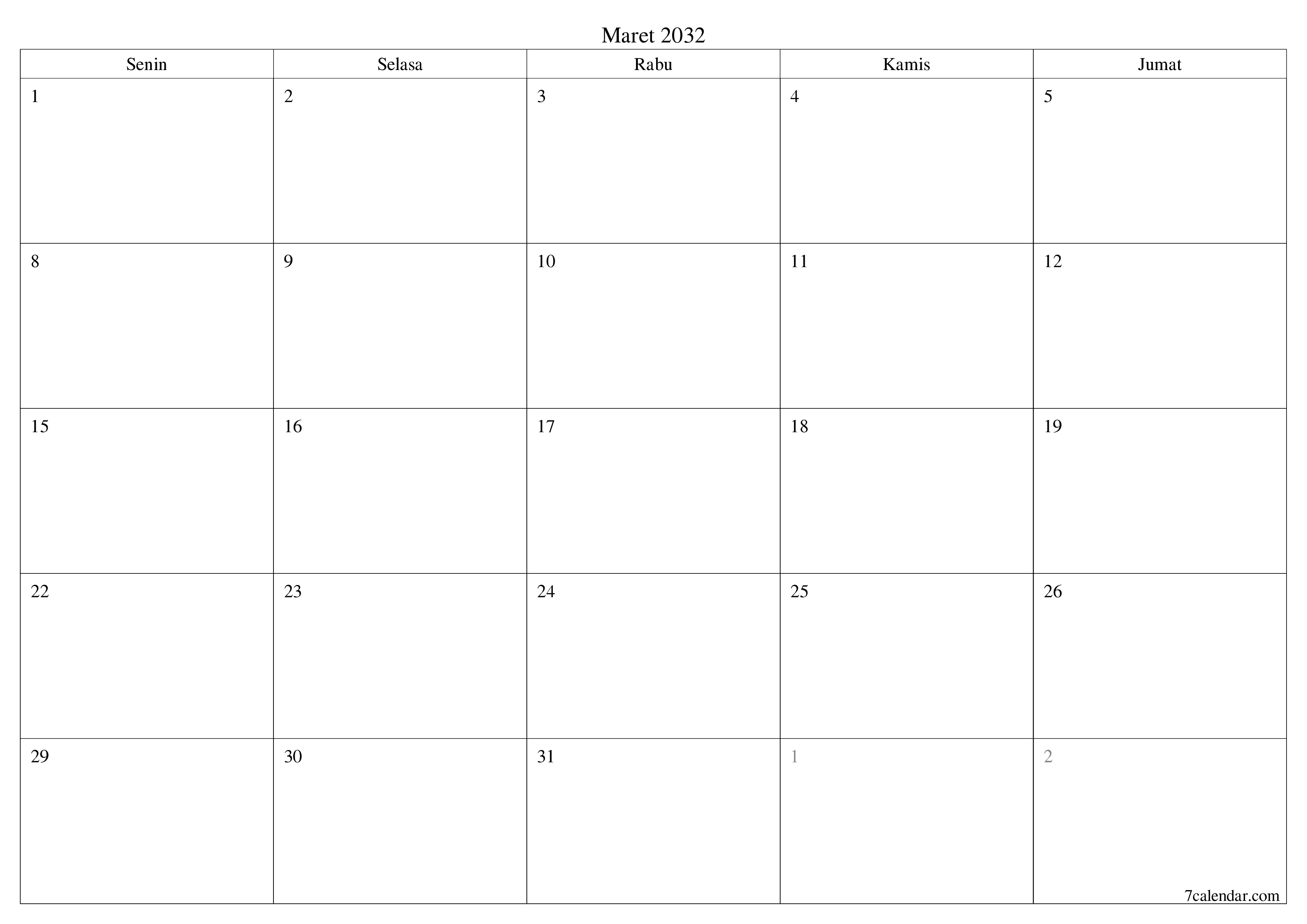Kosongkan agenda bulanan untuk bulan Maret 2032 dengan catatan, simpan dan cetak ke PDF PNG Indonesian