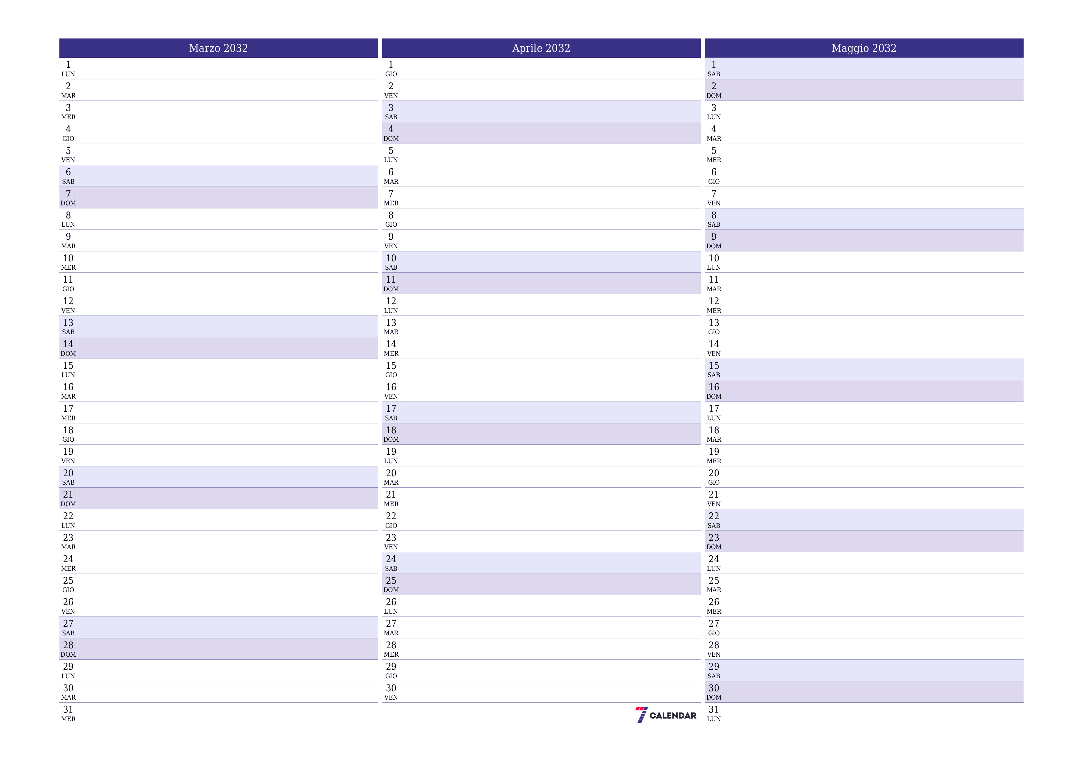 Pianificatore mensile vuoto per il mese Marzo 2032 con note, salva e stampa in PDF PNG Italian