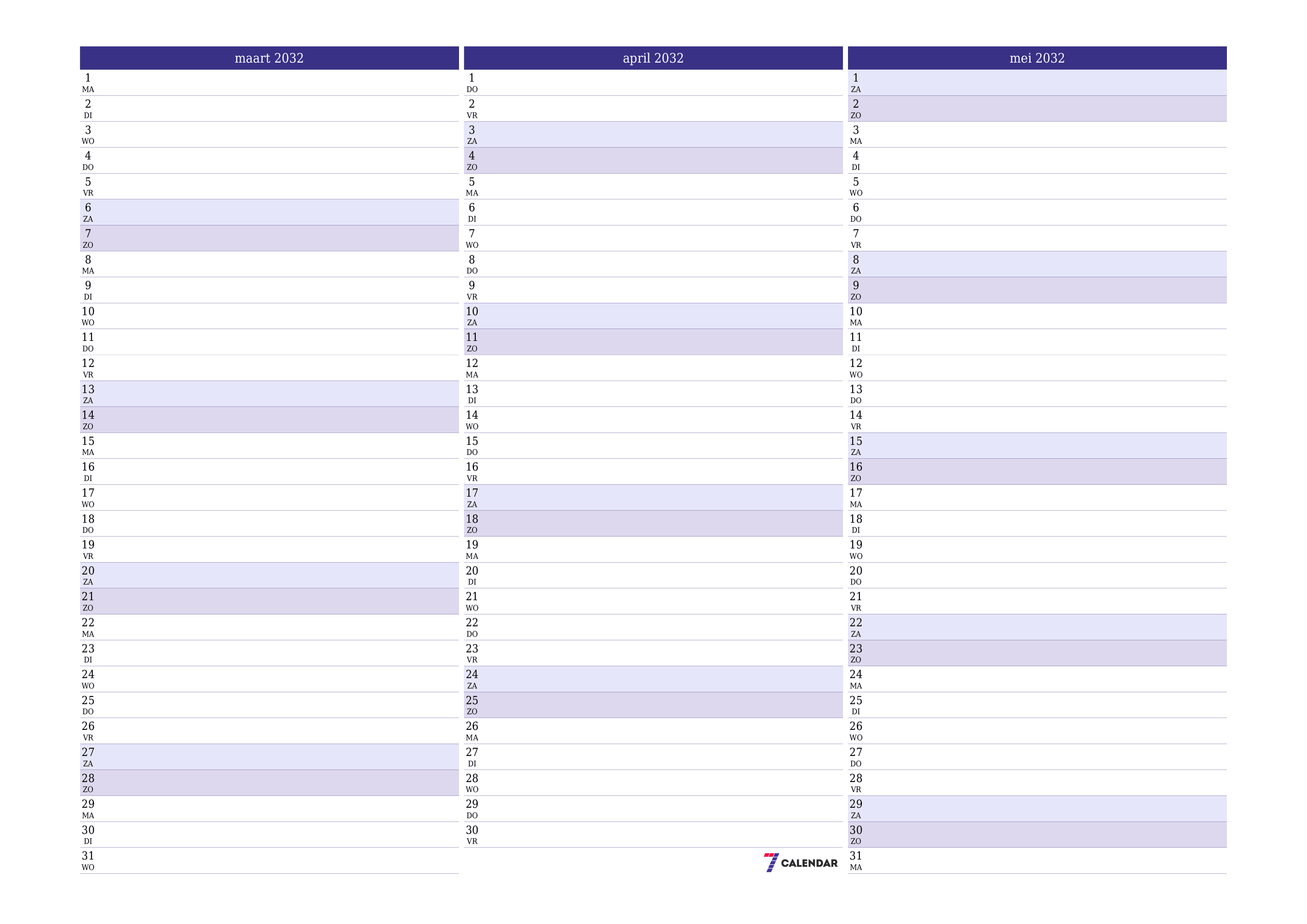 Lege maandplanner voor maand maart 2032 met notities, opslaan en afdrukken naar pdf PNG Dutch