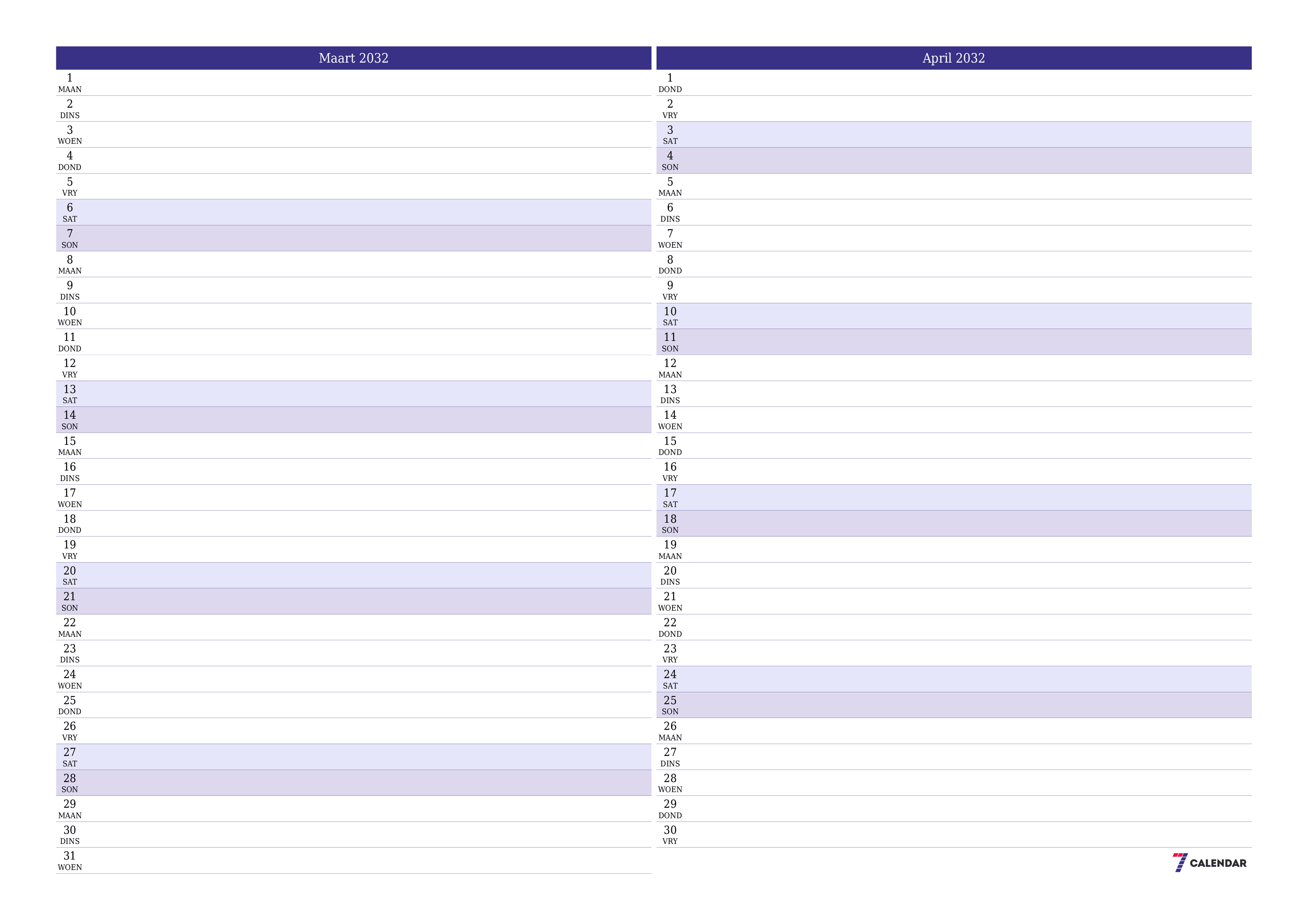 Leë maandelikse drukbare kalender en beplanner vir maand Maart 2032 met notas stoor en druk na PDF PNG Afrikaans