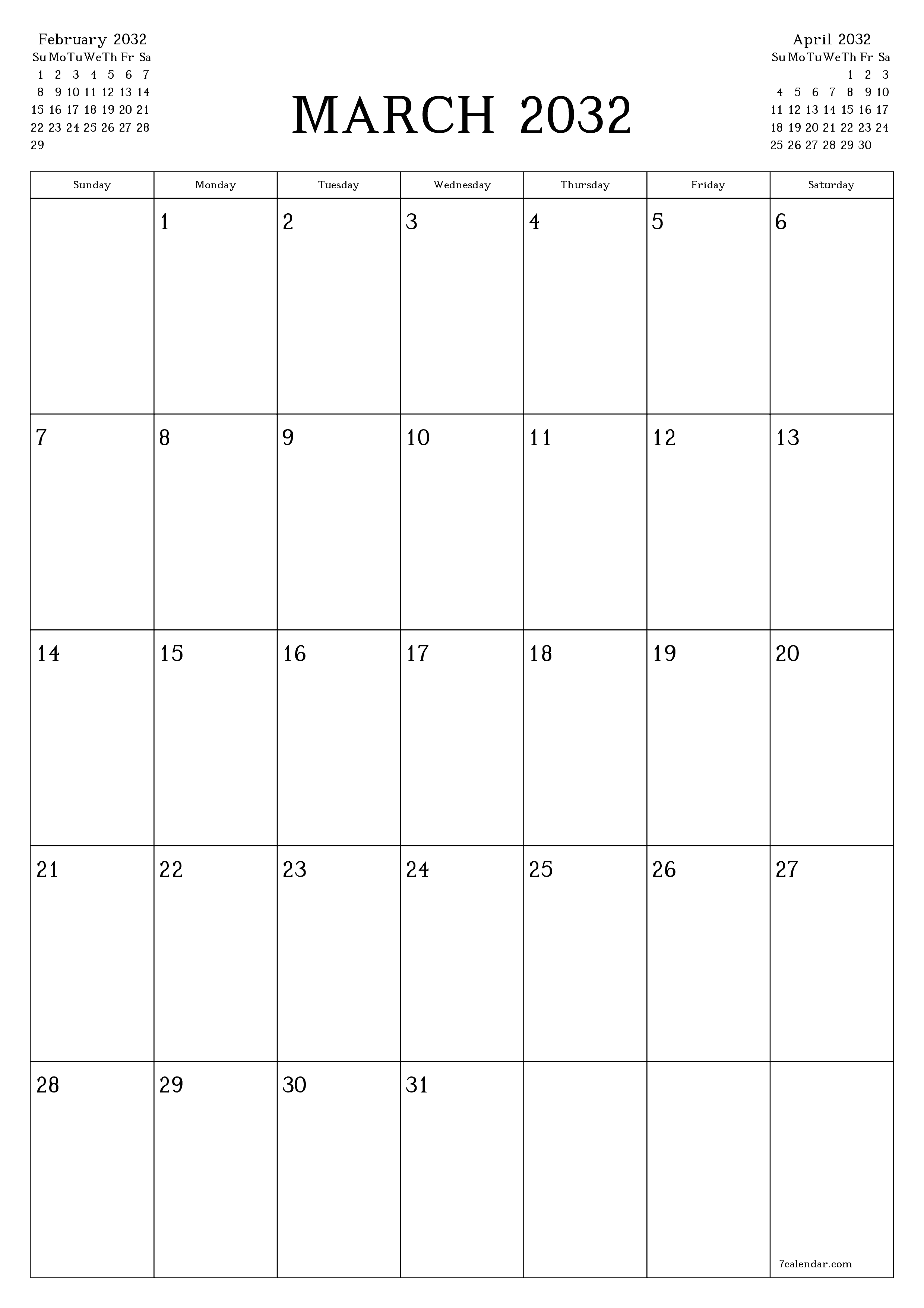 Blank calendar March 2032