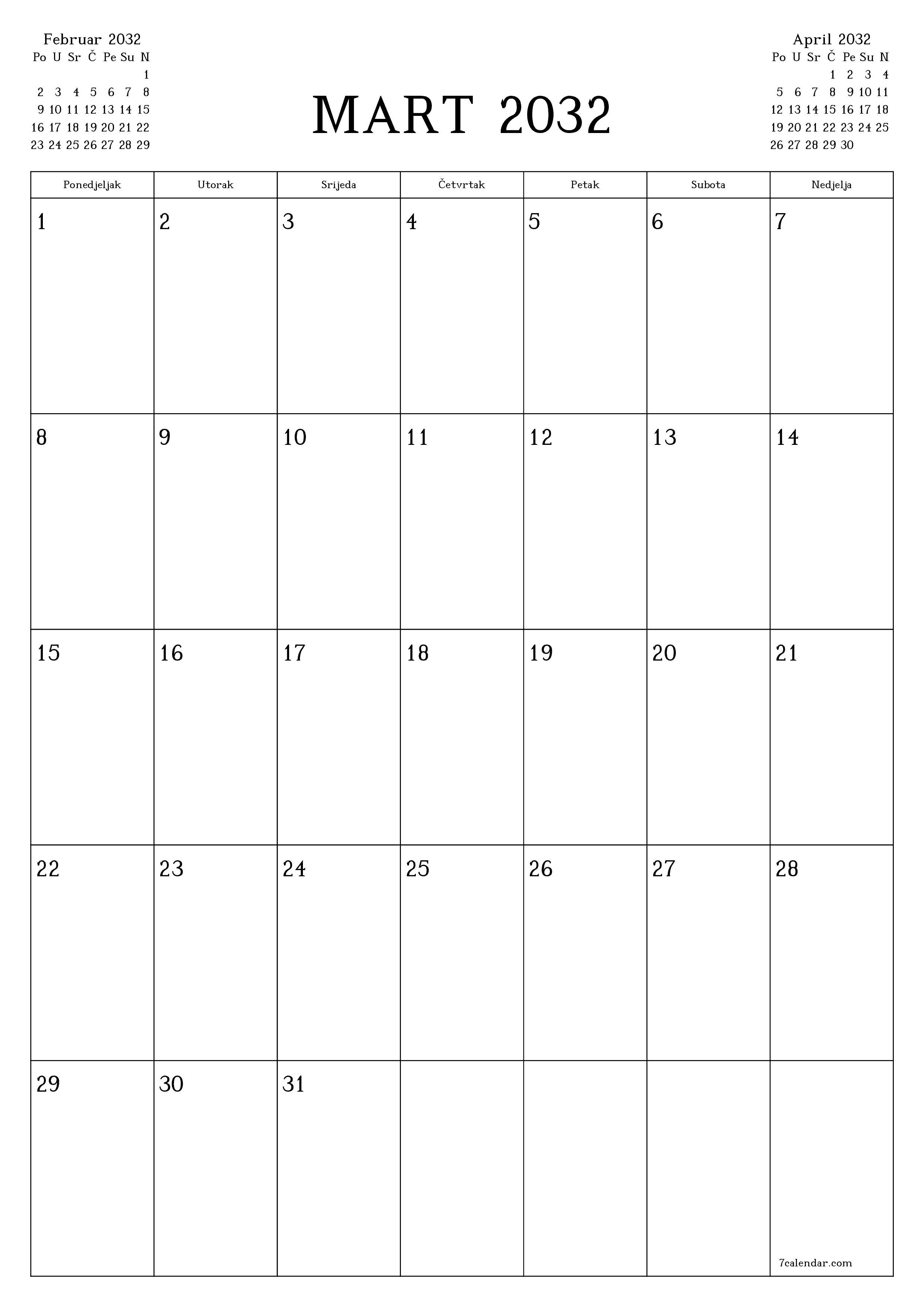  za štampanje zidni šablon a besplatni vertikalno Mjesečno planer kalendar Mart (Mar) 2032