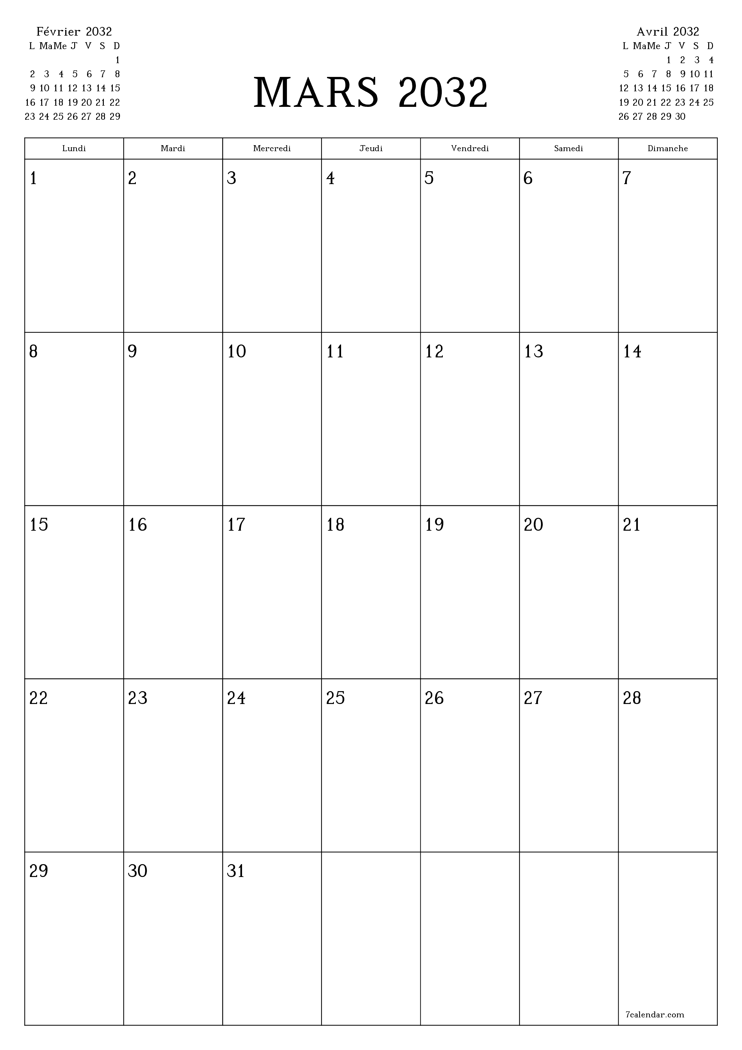  imprimable mural modèle de gratuitverticale Mensuel planificateur calendrier Mars (Mar) 2032