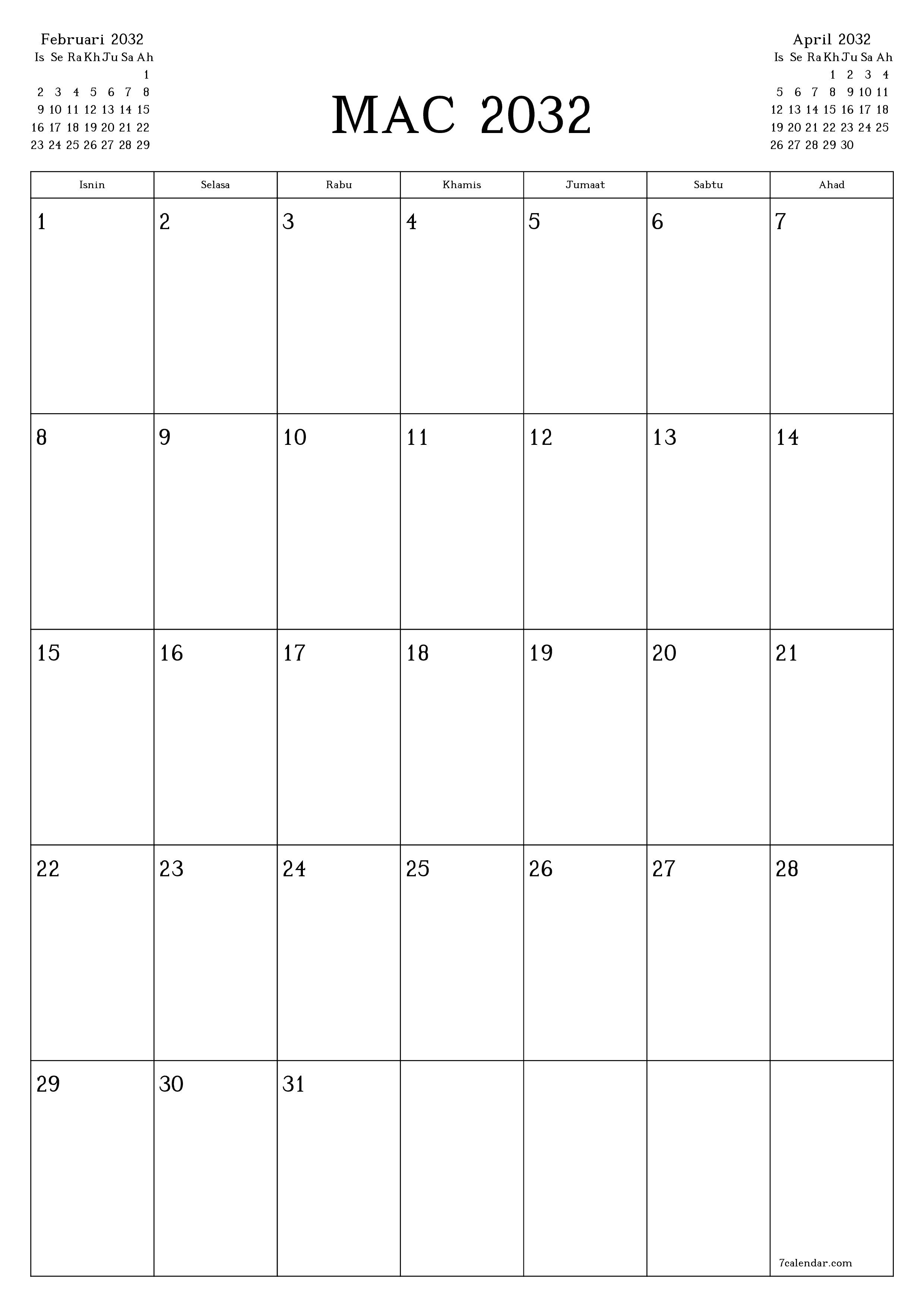  boleh cetak dinding templat percumamenegak Bulanan perancang kalendar Mac (Mar) 2032