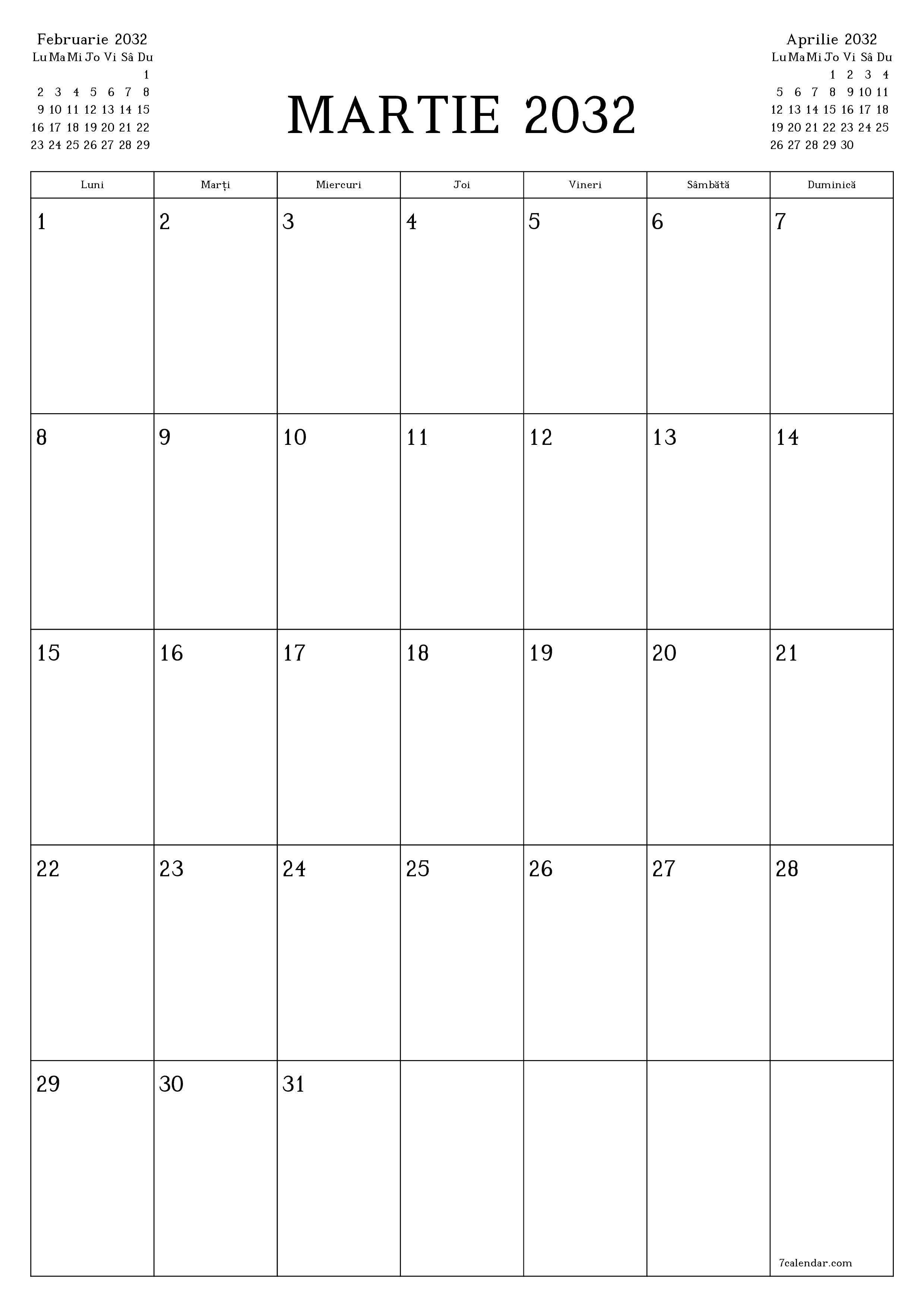  imprimabil de perete șablon de gratuitvertical Lunar planificator calendar Martie (Mar) 2032