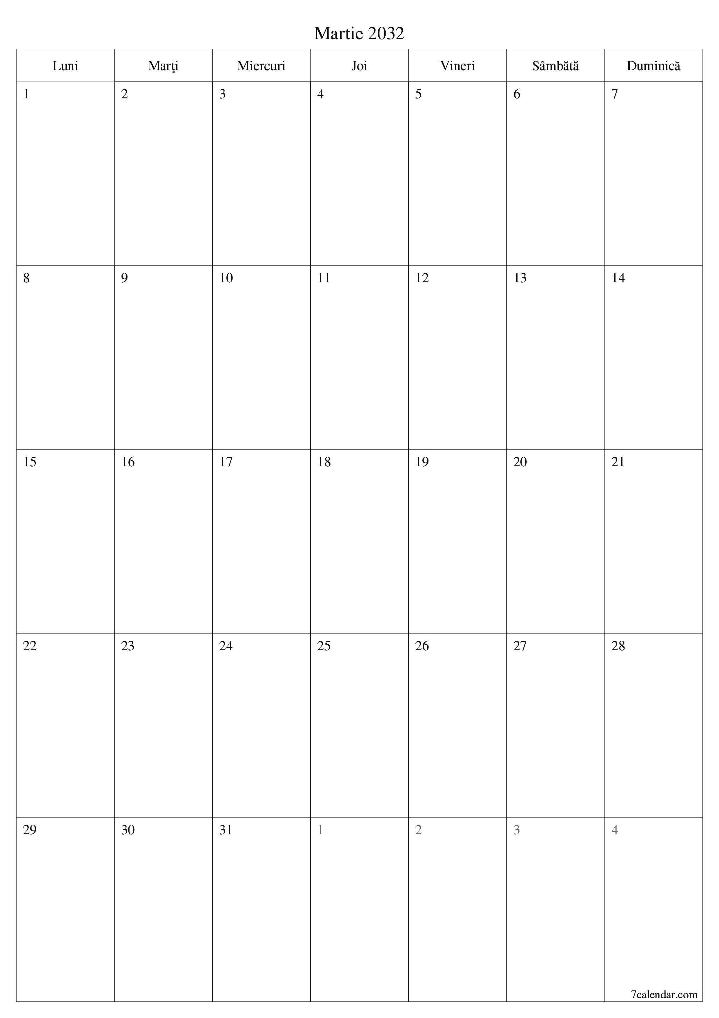  imprimabil de perete șablon de gratuitvertical Lunar planificator calendar Martie (Mar) 2032
