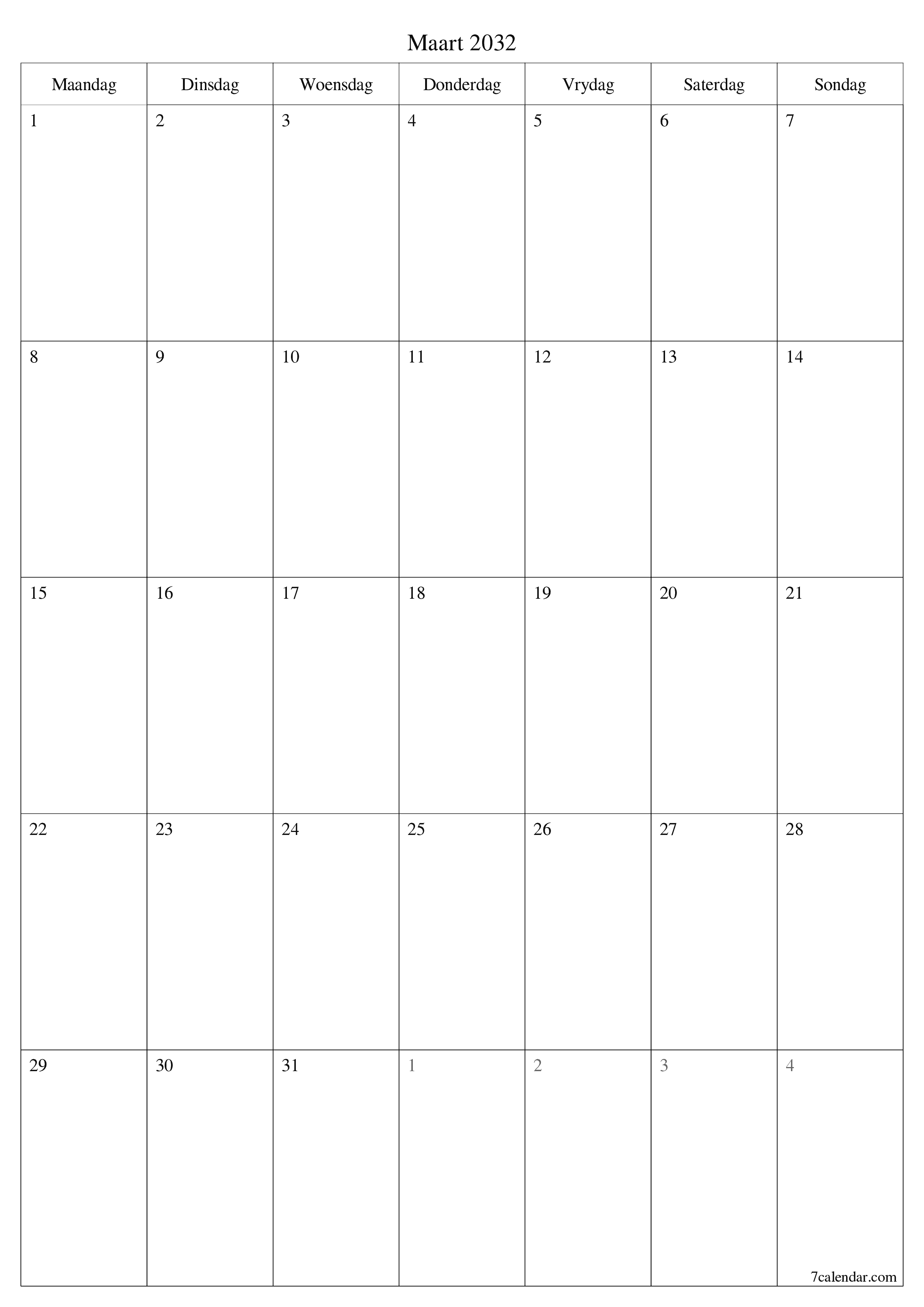 Leë maandelikse drukbare kalender en beplanner vir maand Maart 2032 met notas stoor en druk na PDF PNG Afrikaans