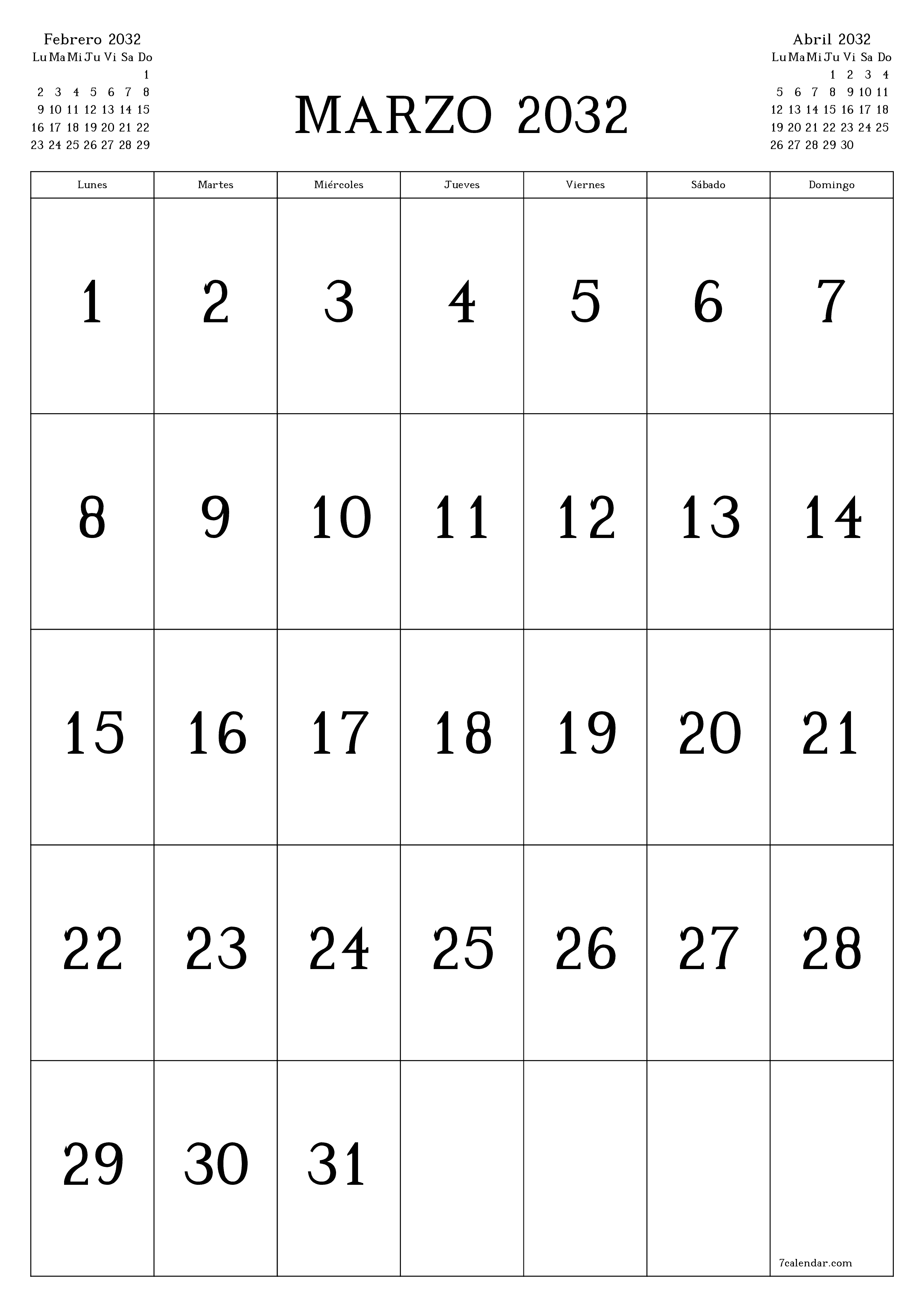  imprimible de pared plantilla de gratisvertical Mensual calendario Marzo (Mar) 2032