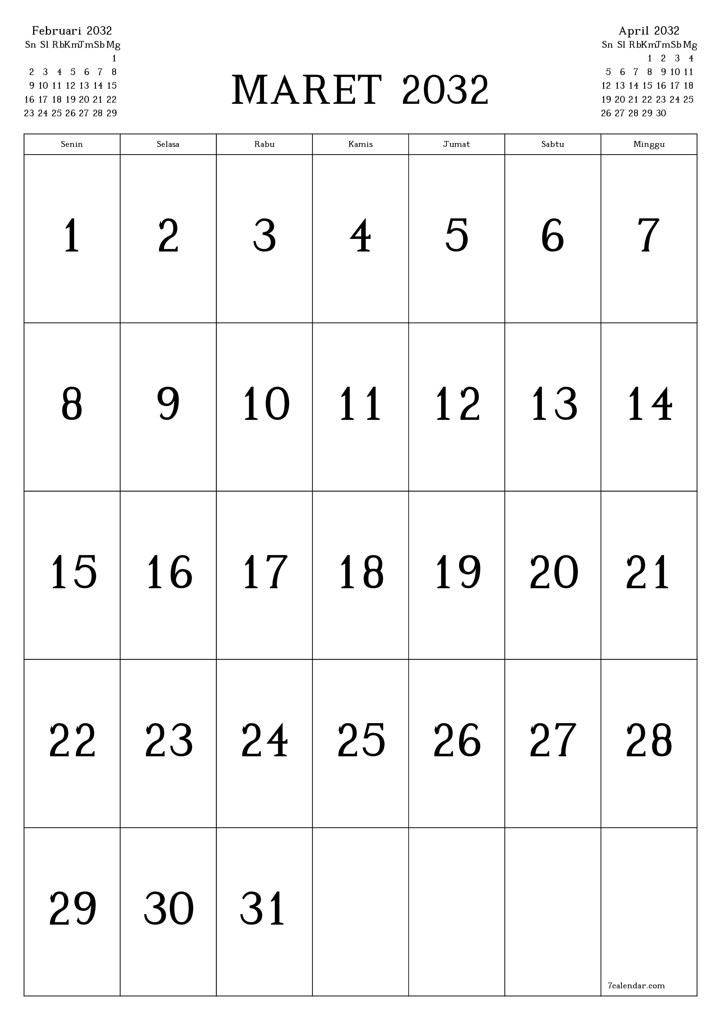 Kosongkan agenda bulanan untuk bulan Maret 2032 dengan catatan, simpan dan cetak ke PDF PNG Indonesian