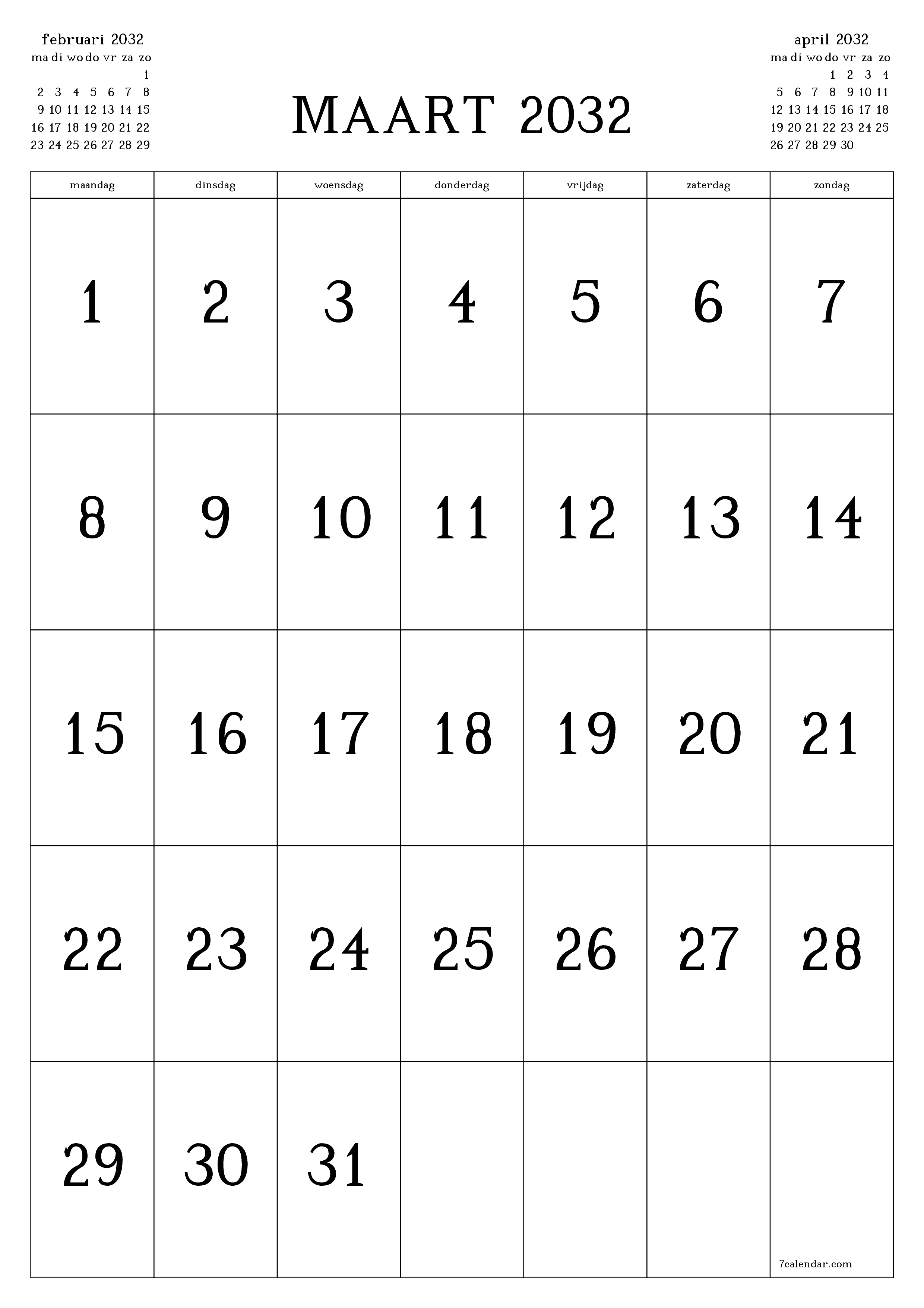 Lege maandplanner voor maand maart 2032 met notities, opslaan en afdrukken naar pdf PNG Dutch