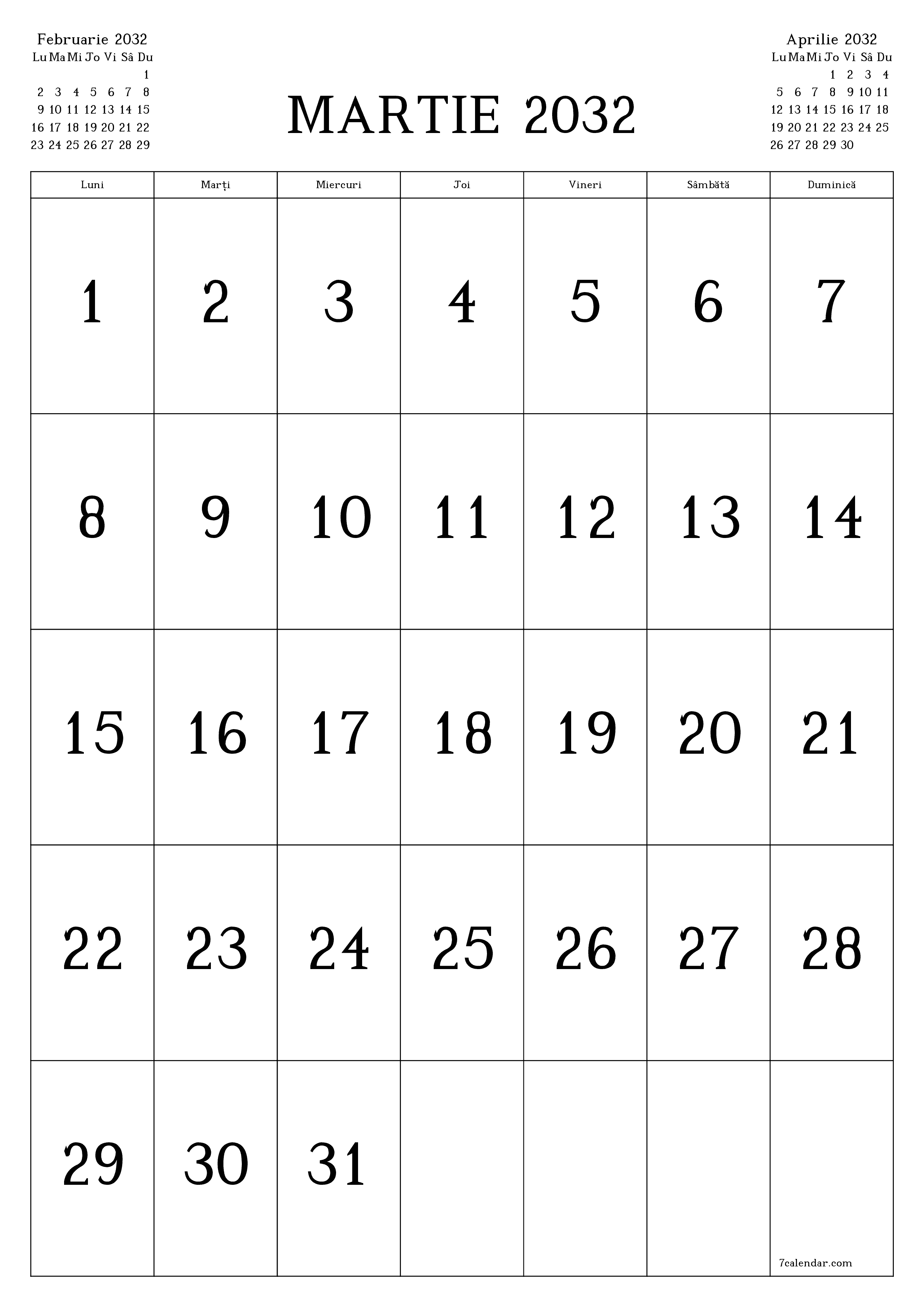  imprimabil de perete șablon de gratuitvertical Lunar calendar Martie (Mar) 2032