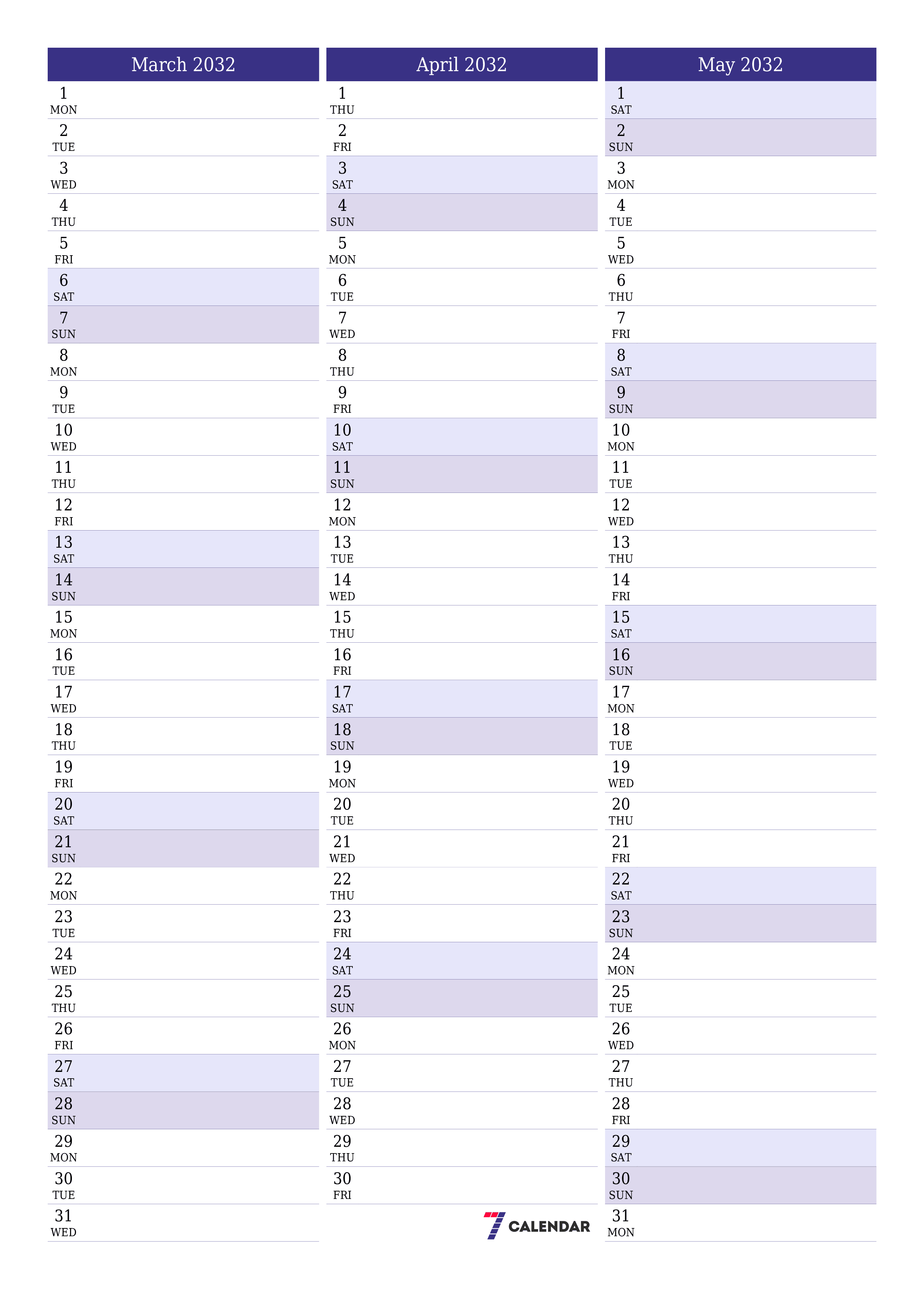 Blank calendar March 2032