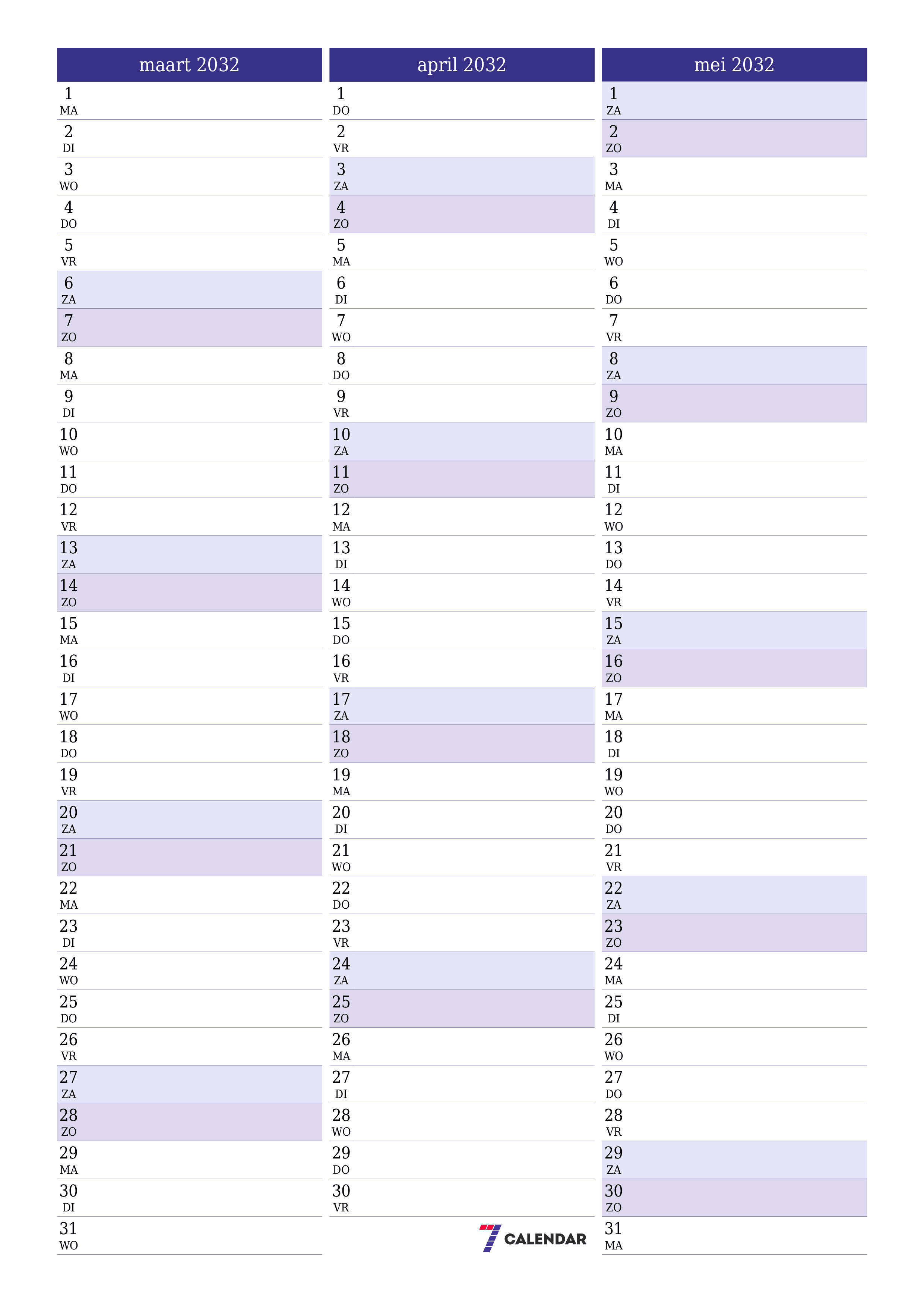 afdrukbare muur sjabloon gratis verticaal Maandelijks planner kalender maart (mrt) 2032