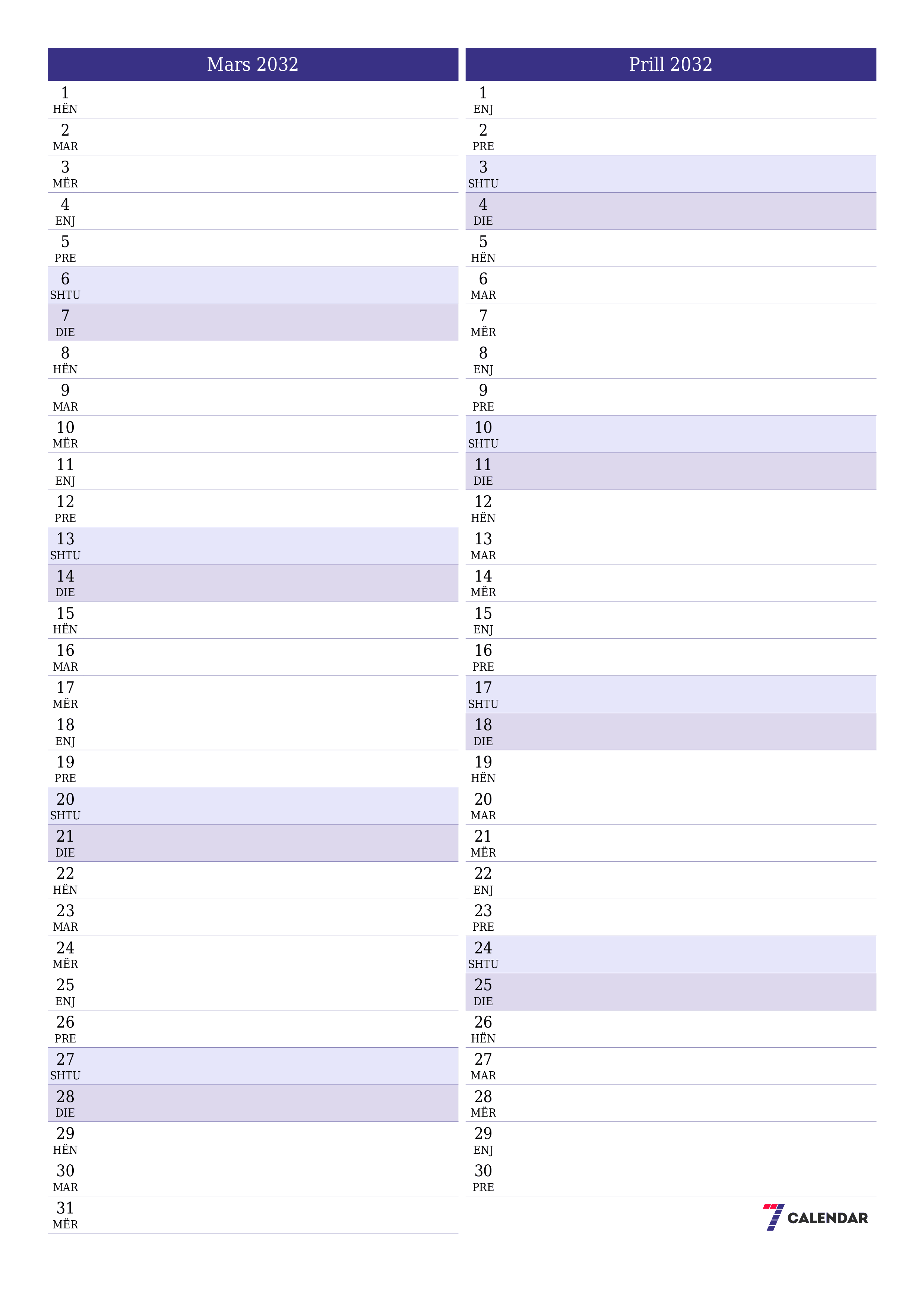 Planifikuesi i zbrazët i kalendarit mujor për muajin Mars 2032 me shënime të ruajtura dhe të printuara në PDF PNG Albanian