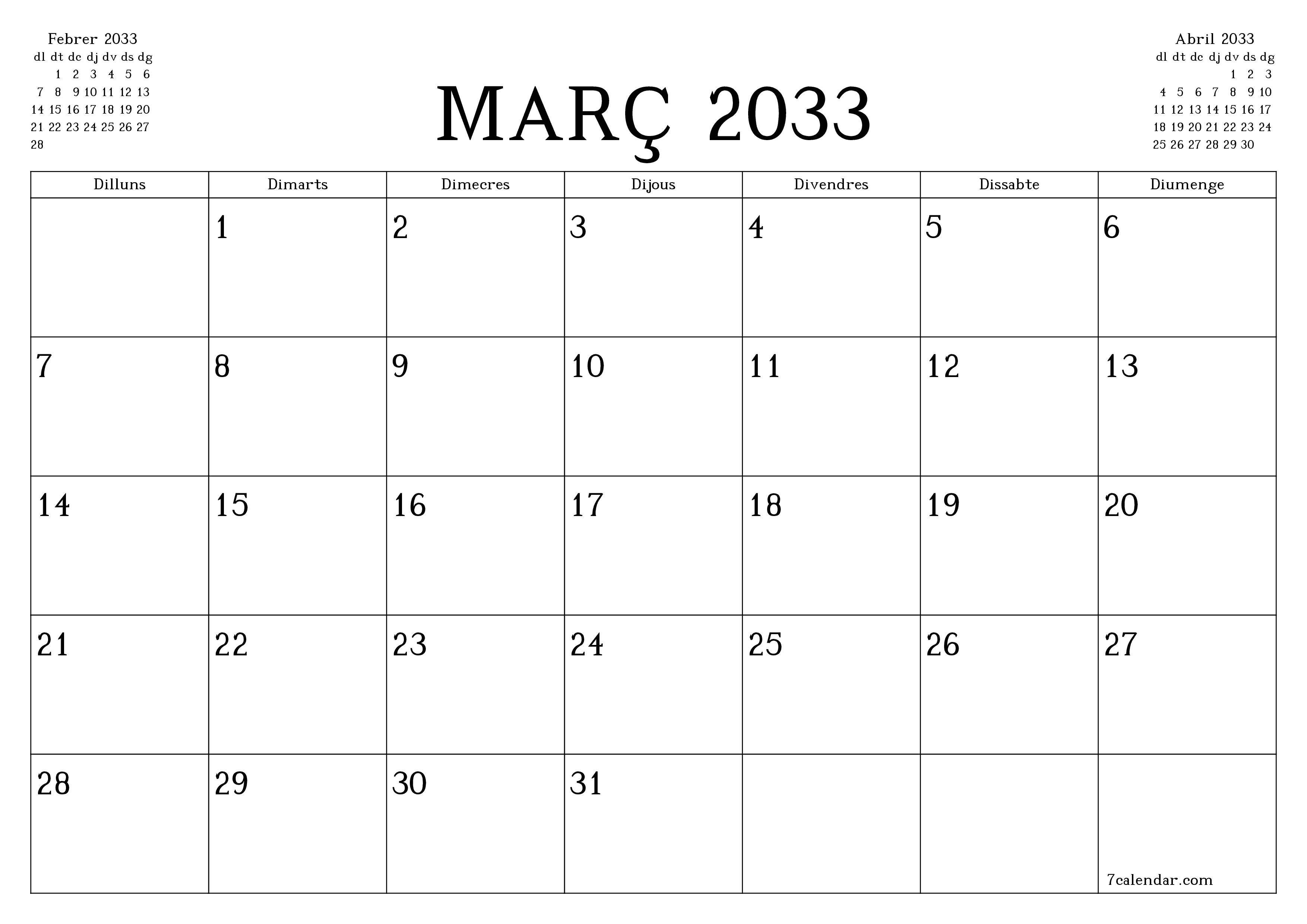 Planificador mensual buit del mes Març 2033 amb notes, deseu-lo i imprimiu-lo en format PDF PNG Catalan