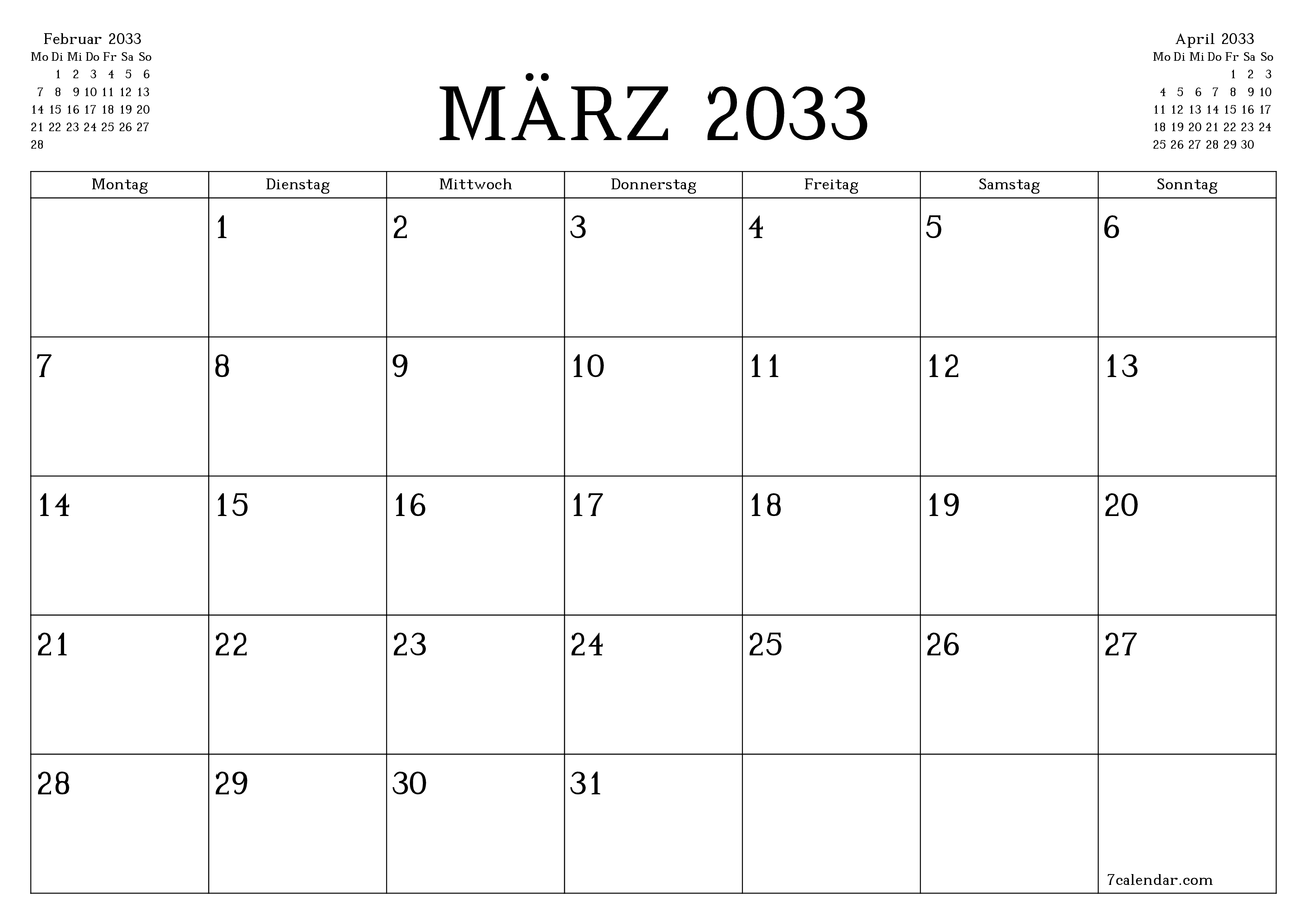 Monatsplaner für Monat März 2033 mit Notizen leeren, speichern und als PDF PNG German - 7calendar.com drucken