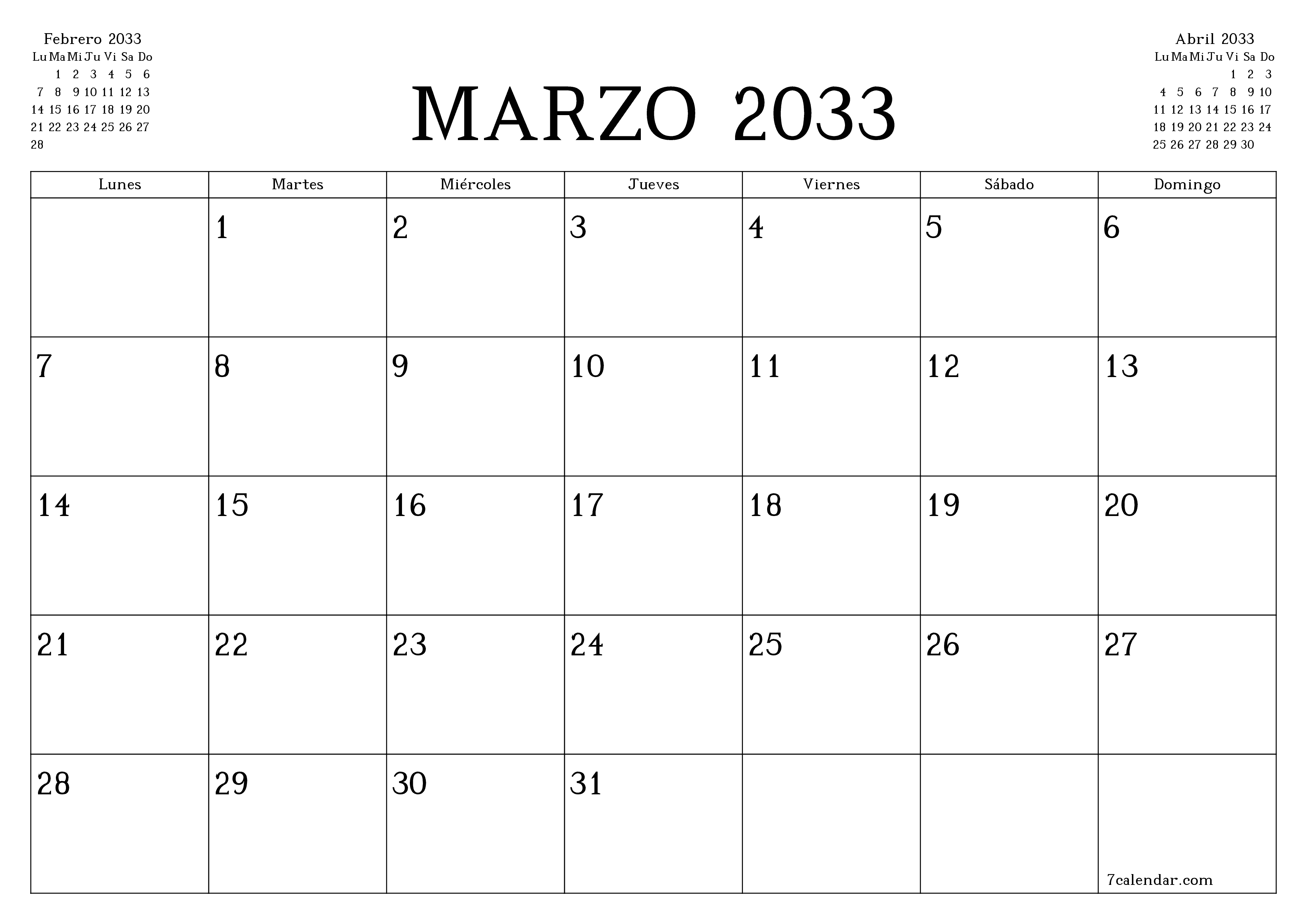Planificador mensual vacío para el mes Marzo 2033 con notas, guardar e imprimir en PDF PNG Spanish