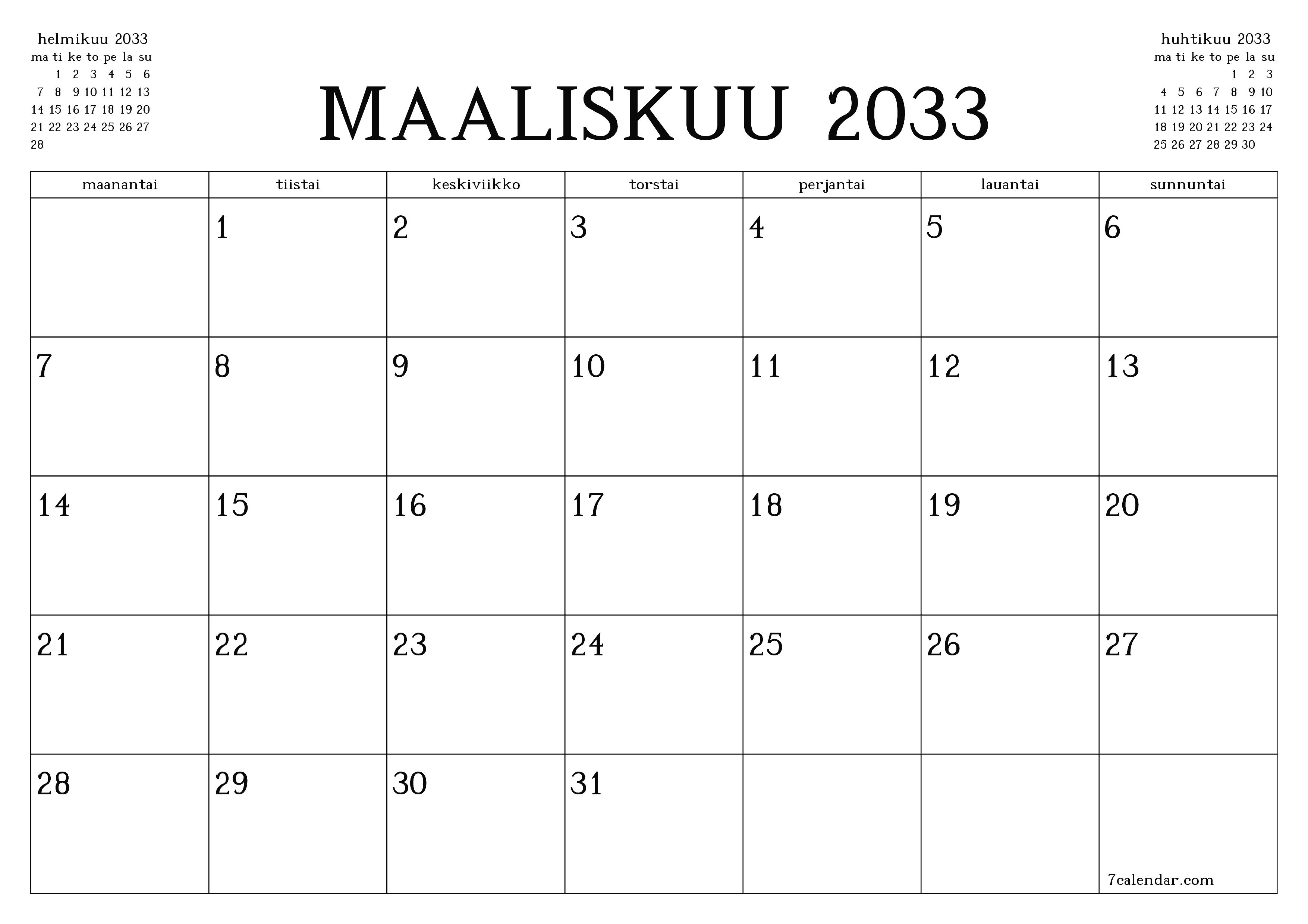 Tyhjennä kuukausittainen suunnittelija kuukaudelle Maaliskuu 2033 muistiinpanoilla, tallenna ja tulosta PDF-muotoon PNG Finnish