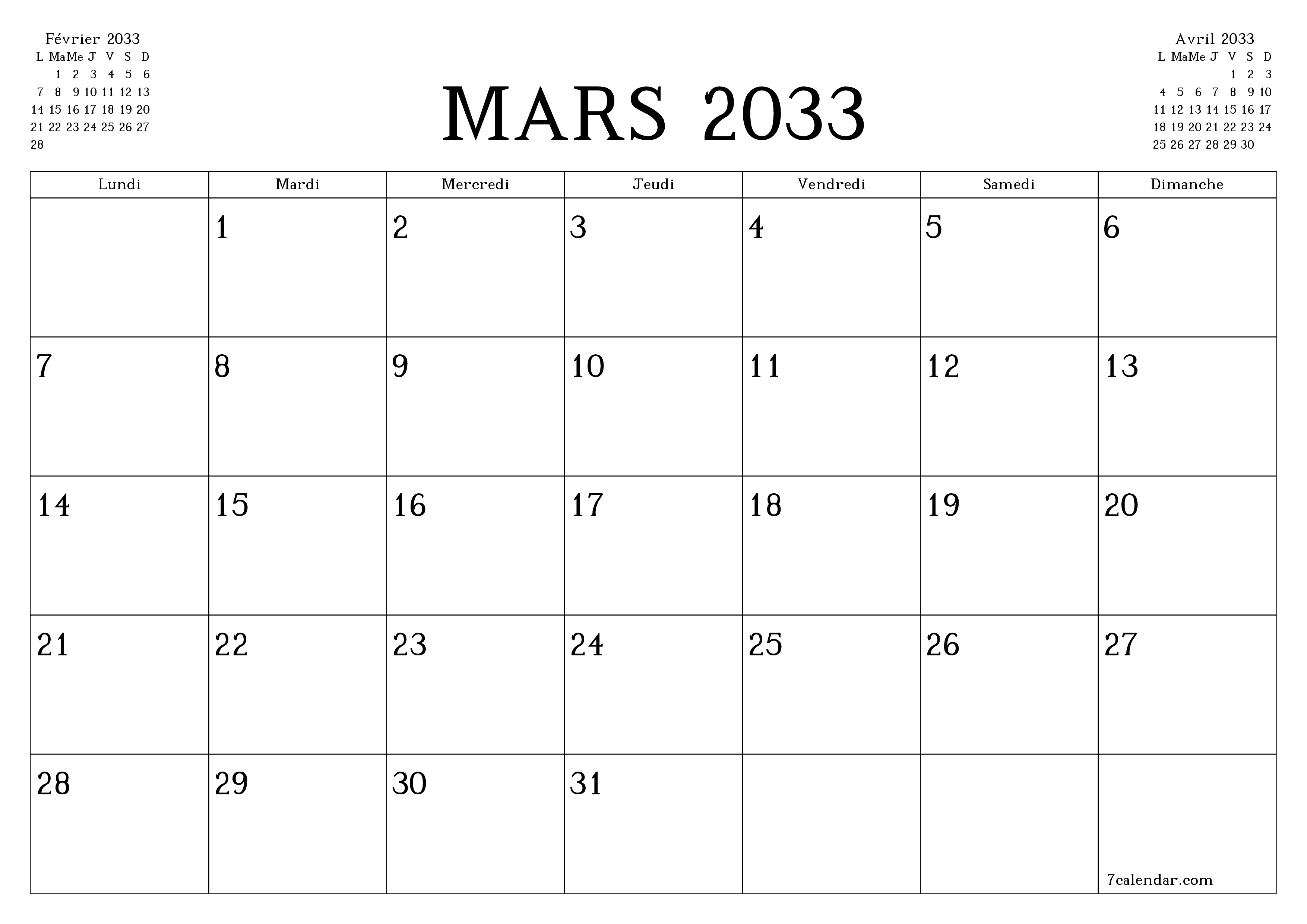 Agenda mensuel vide pour le mois Mars 2033 avec notes, enregistrez et imprimez au format PDF PNG French