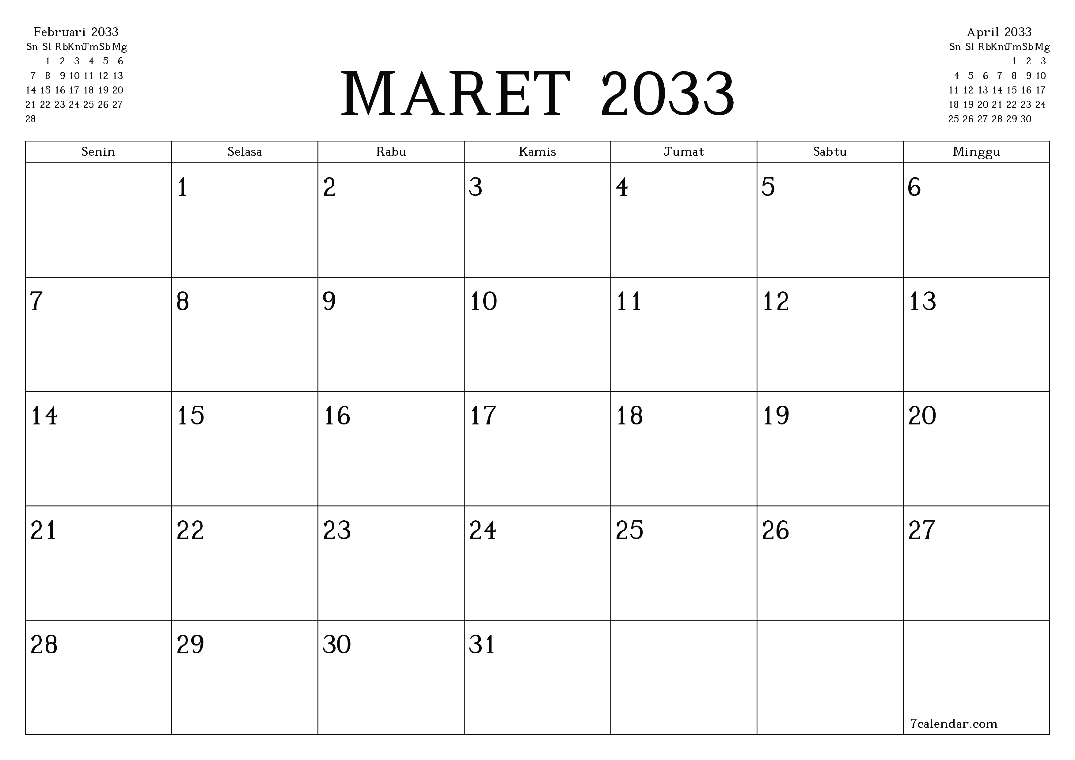 Kosongkan agenda bulanan untuk bulan Maret 2033 dengan catatan, simpan dan cetak ke PDF PNG Indonesian
