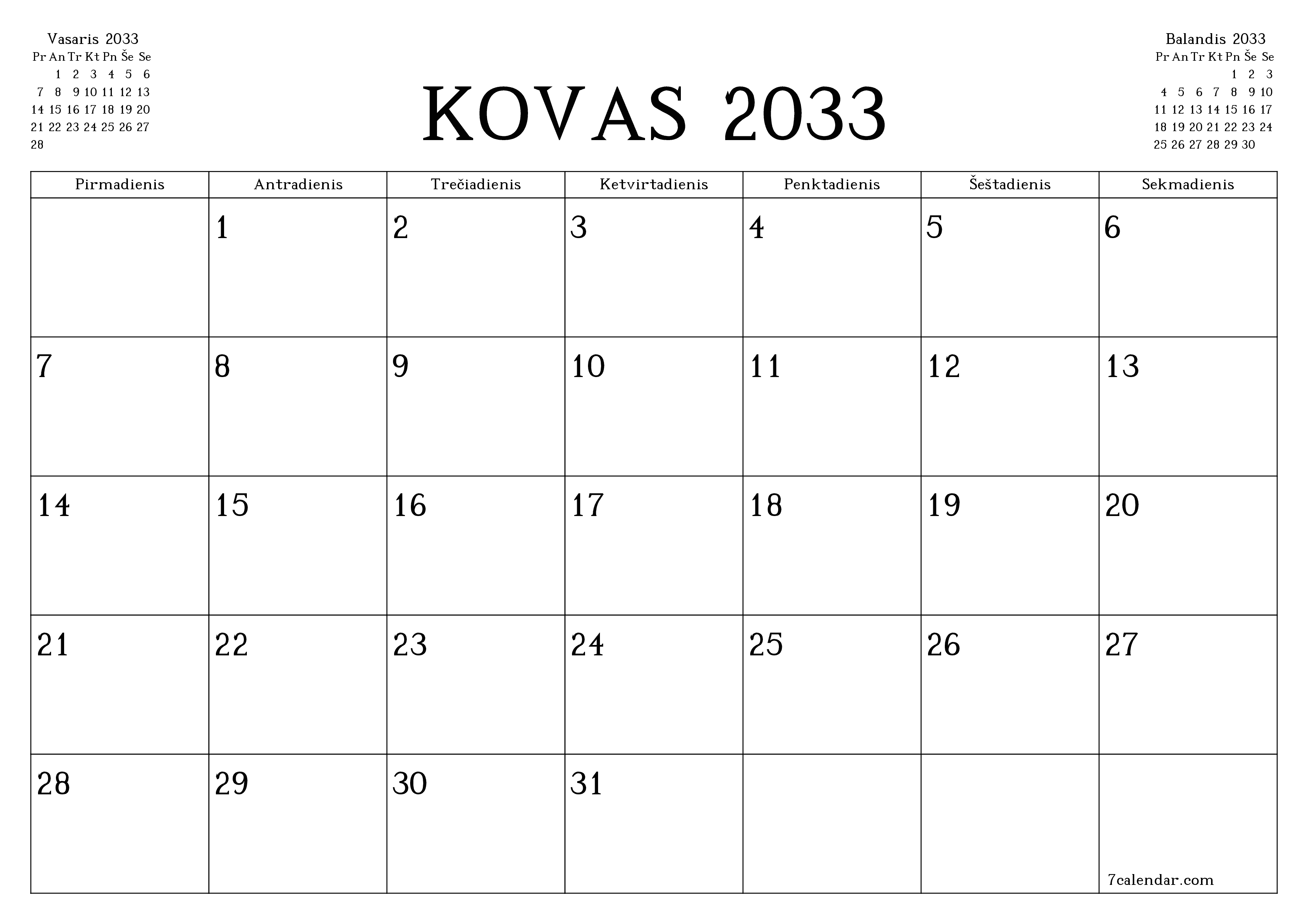 Ištuštinti mėnesio Kovas 2033 mėnesio planavimo priemonę su užrašais, išsaugoti ir atsispausdinti PDF formate PNG Lithuanian