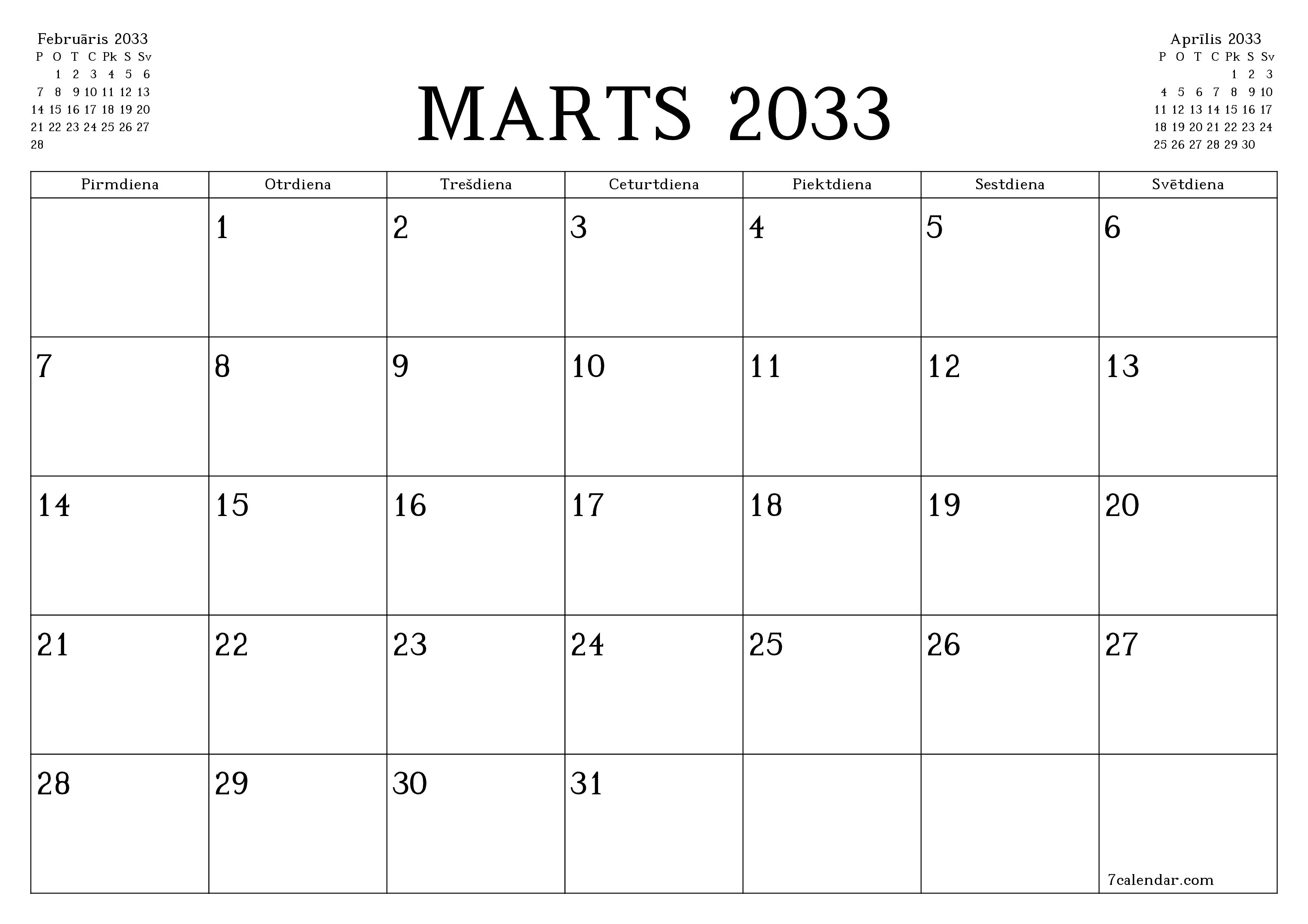 Iztukšot mēneša plānotāju mēnesim Marts 2033 ar piezīmēm, saglabāt un izdrukāt PDF formātā PNG Latvian