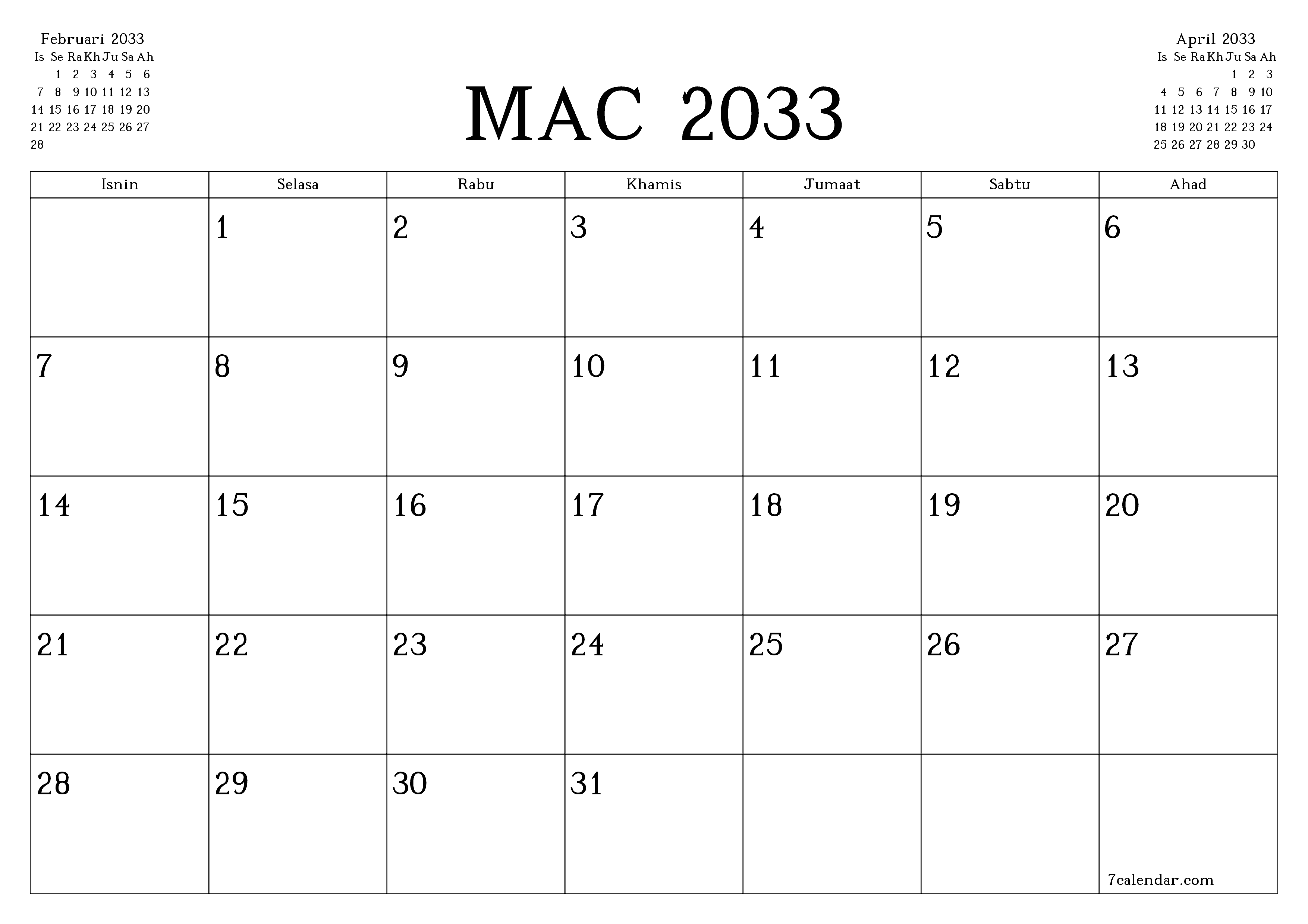 Perancang bulanan kosong untuk bulan Mac 2033 dengan nota, simpan dan cetak ke PDF PNG Malay