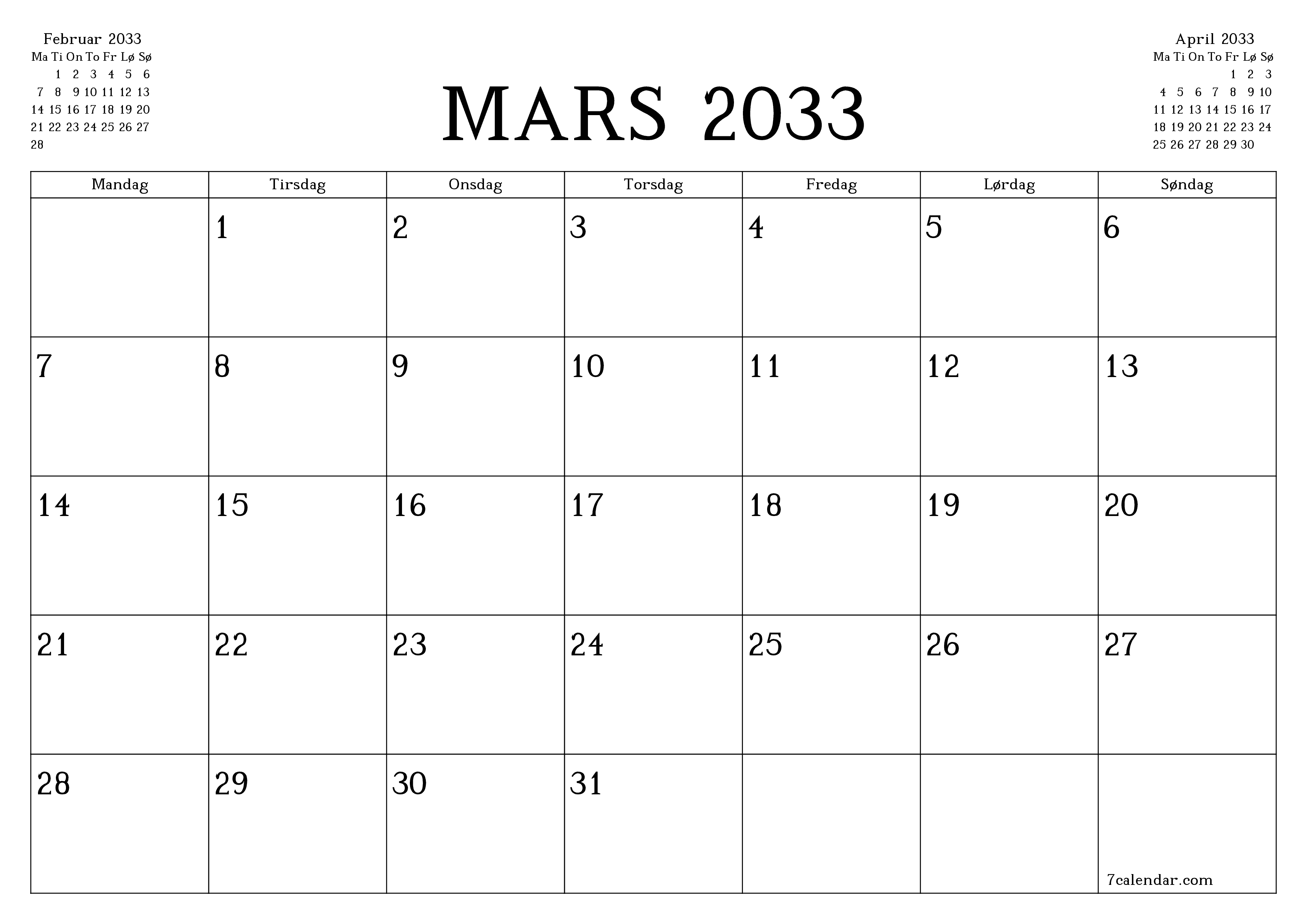 Tom månedlig planlegger for måned Mars 2033 med notater, lagre og skriv ut til PDF PNG Norwegian