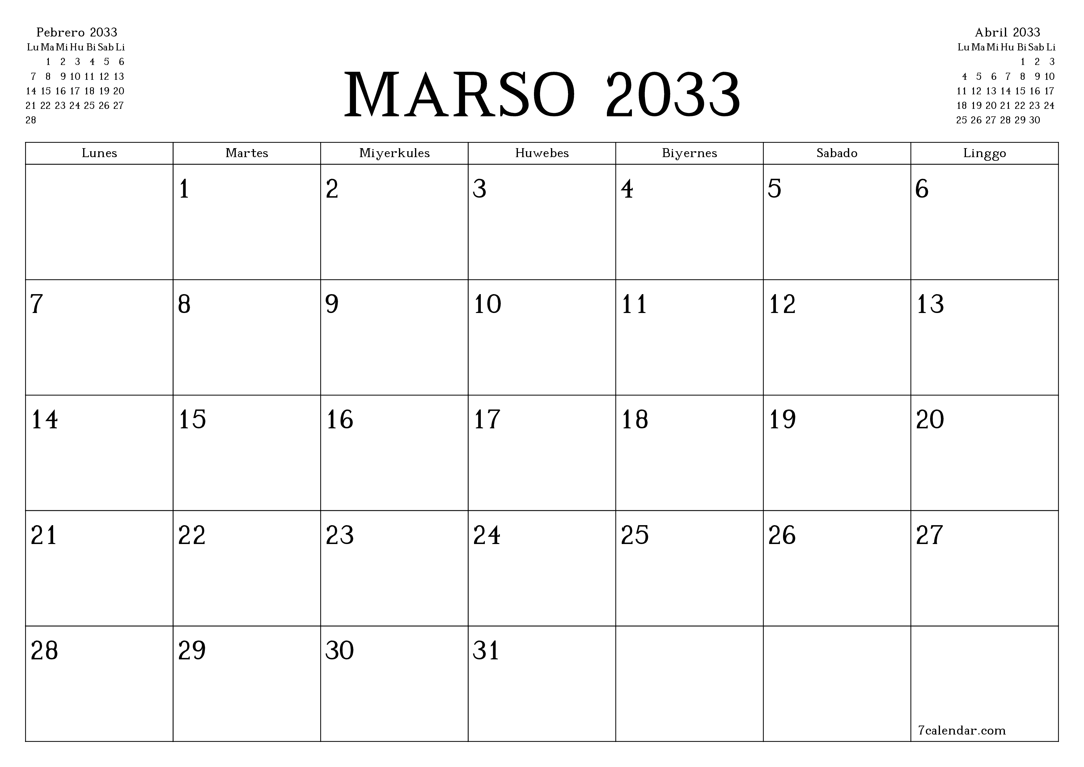 Walang laman na buwanang tagaplano para sa buwan na Marso 2033 na may mga tala, i-save at i-print sa PDF PNG Filipino