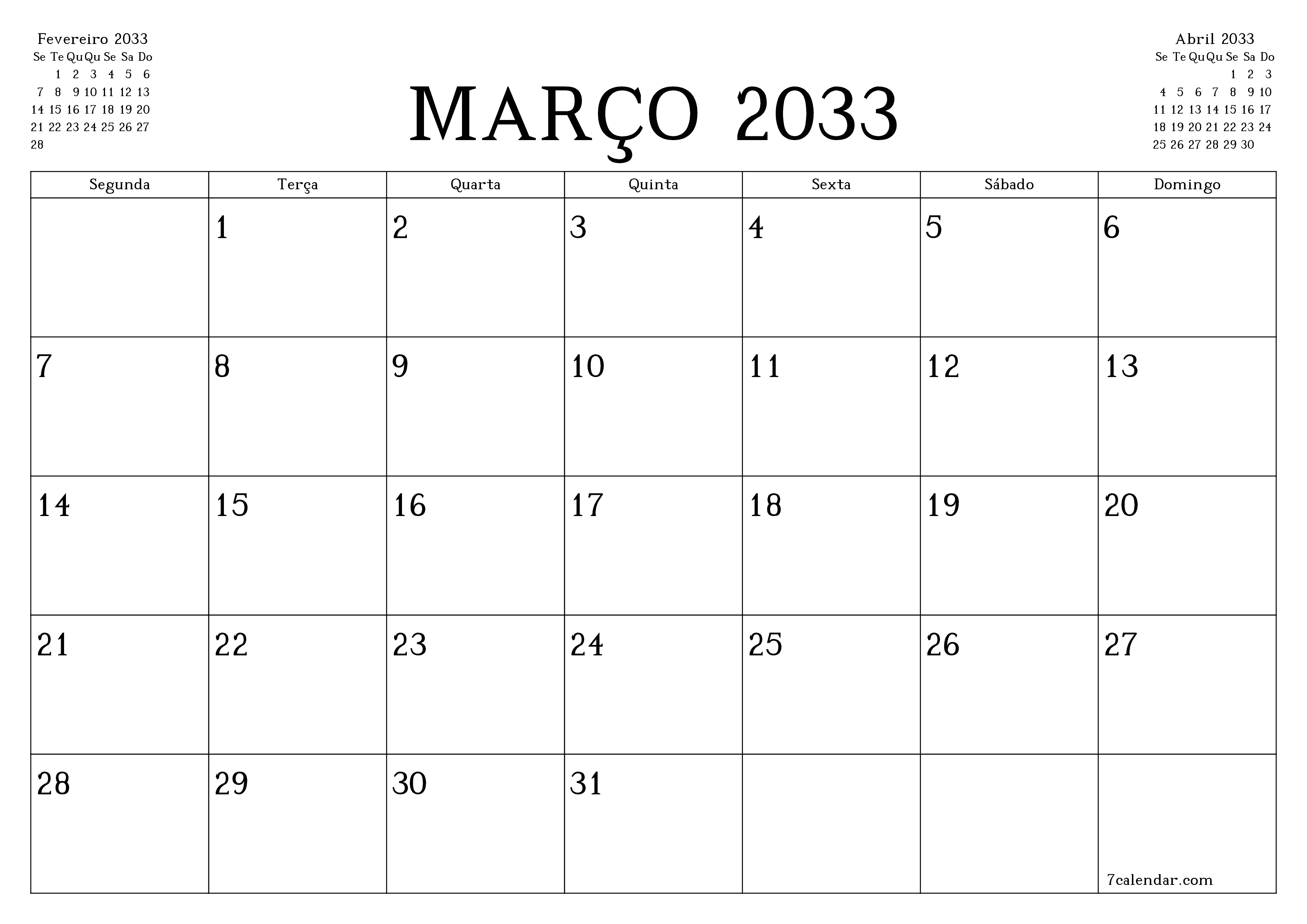 Esvazie o planejador mensal para o mês Março 2033 com notas, salve e imprima em PDF PNG Portuguese