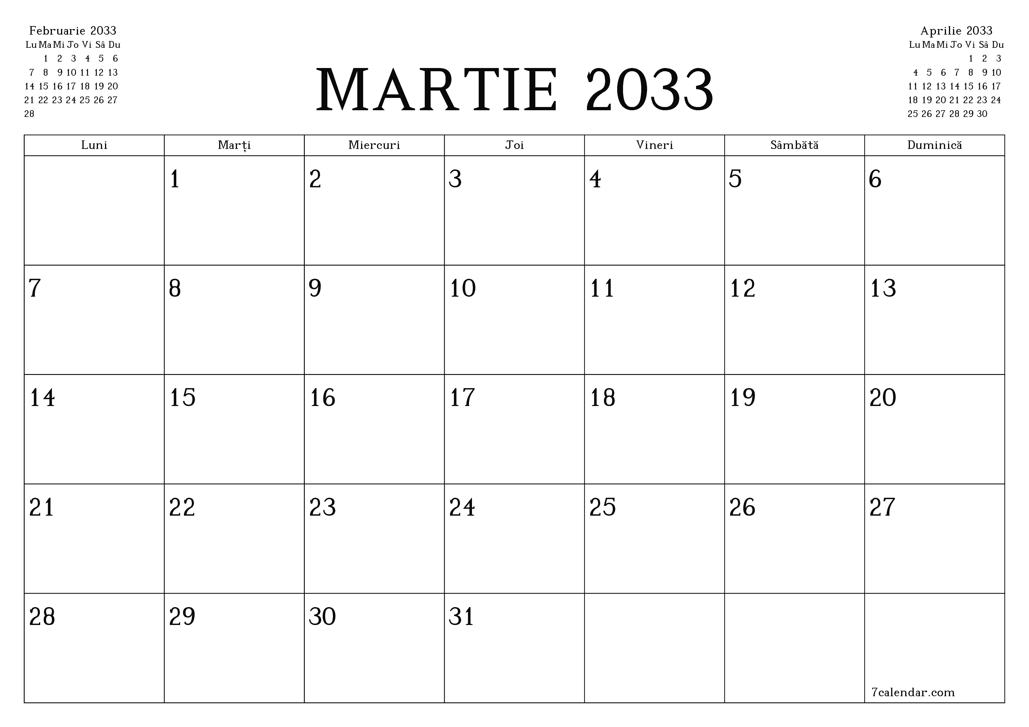 Planificator lunar gol pentru luna Martie 2033 cu note, salvați și tipăriți în PDF PNG Romanian