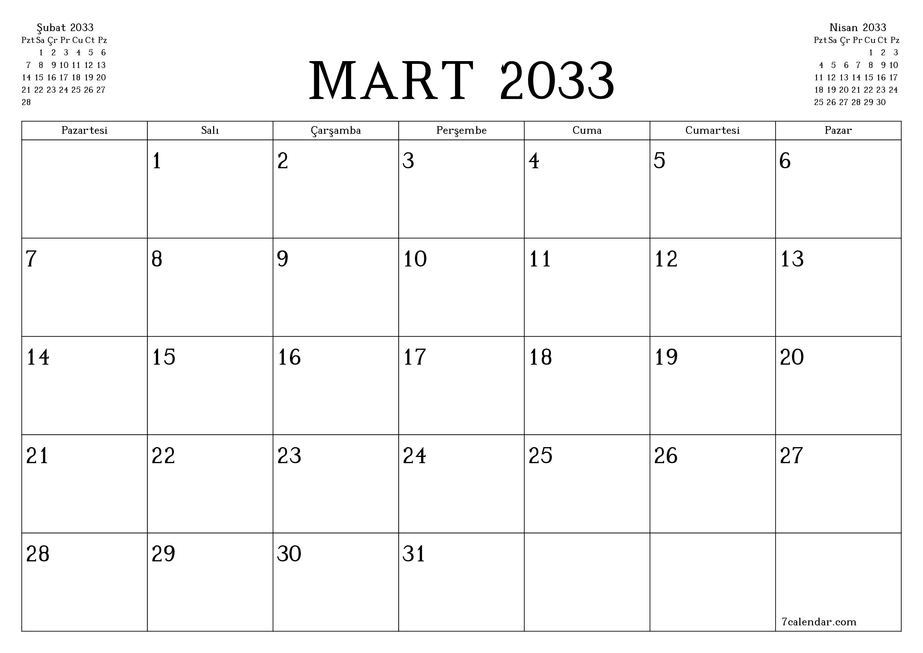 Mart 2033 ayı için notlarla birlikte boş aylık planlayıcı, kaydedin ve PDF'ye yazdırın PNG Turkish