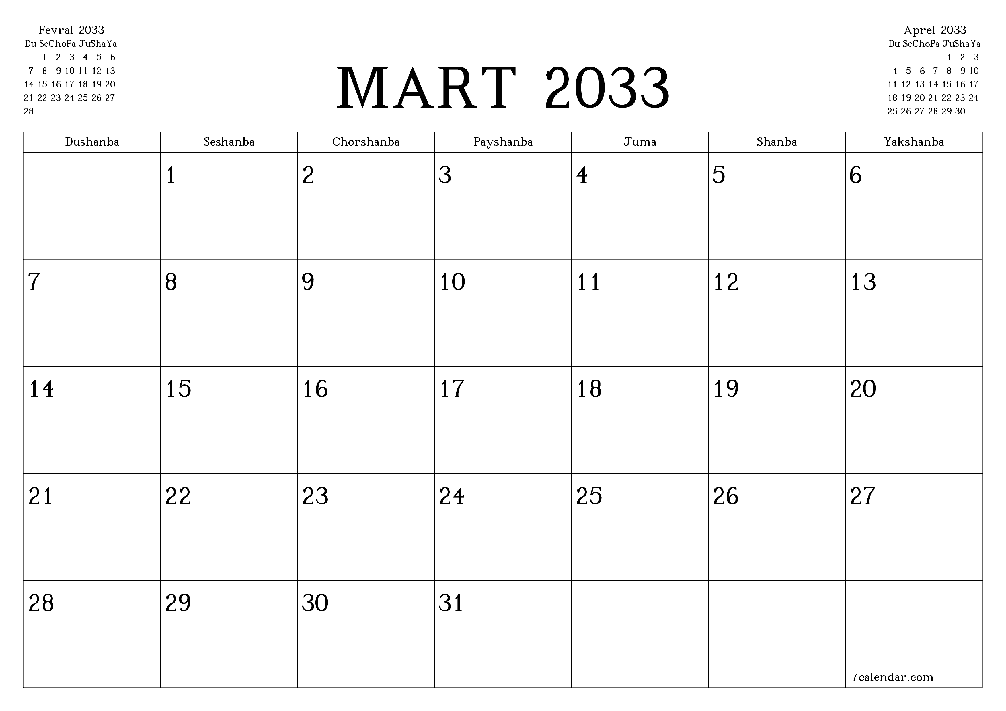 Mart 2033 oylik oylik rejalashtiruvchini yozuvlar bilan bo'shatish, saqlash va PDF-ga chop etish PNG Uzbek