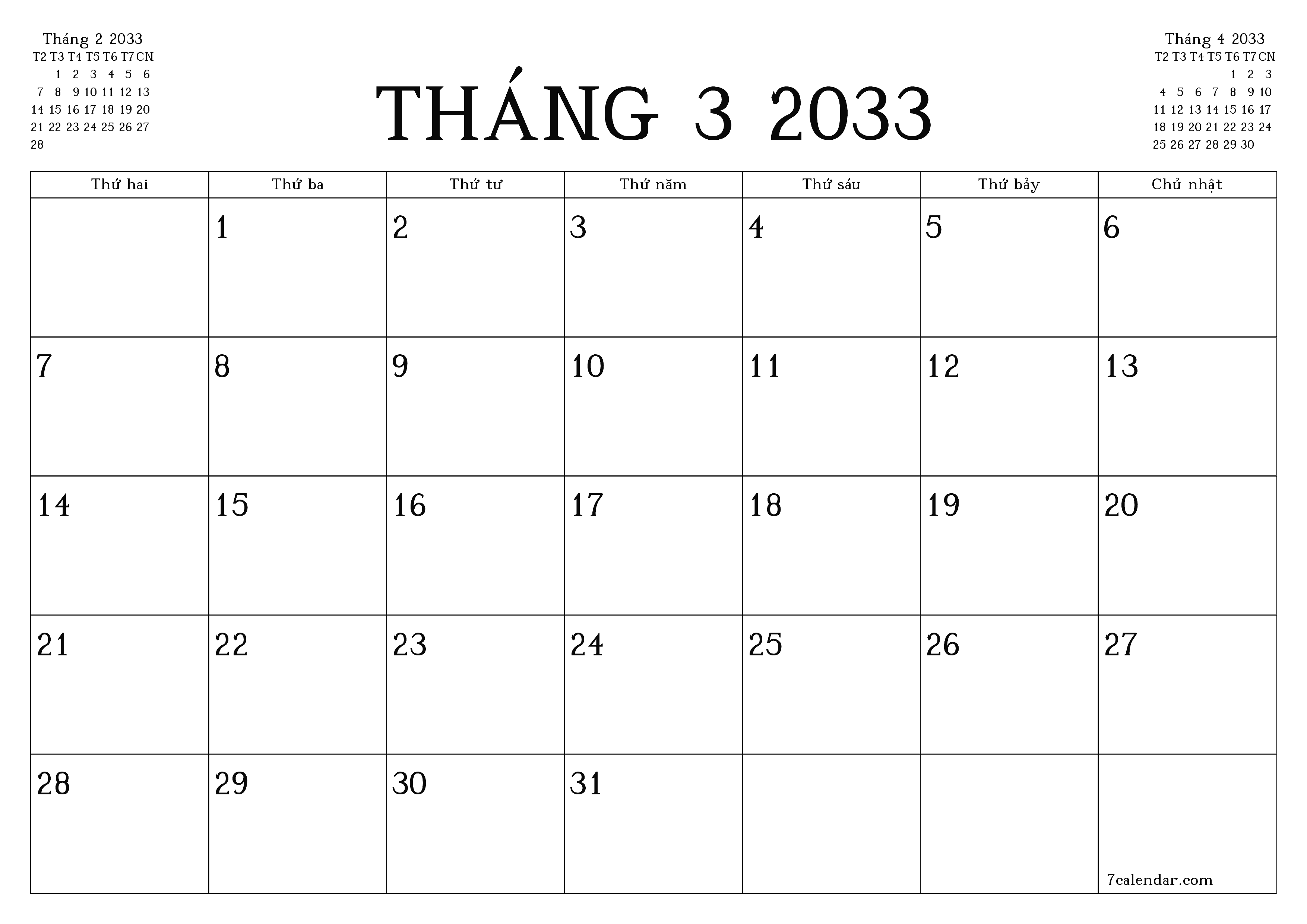 Công cụ lập kế hoạch hàng tháng trống cho tháng Tháng 3 2033 có ghi chú, lưu và in sang PDF PNG Vietnamese